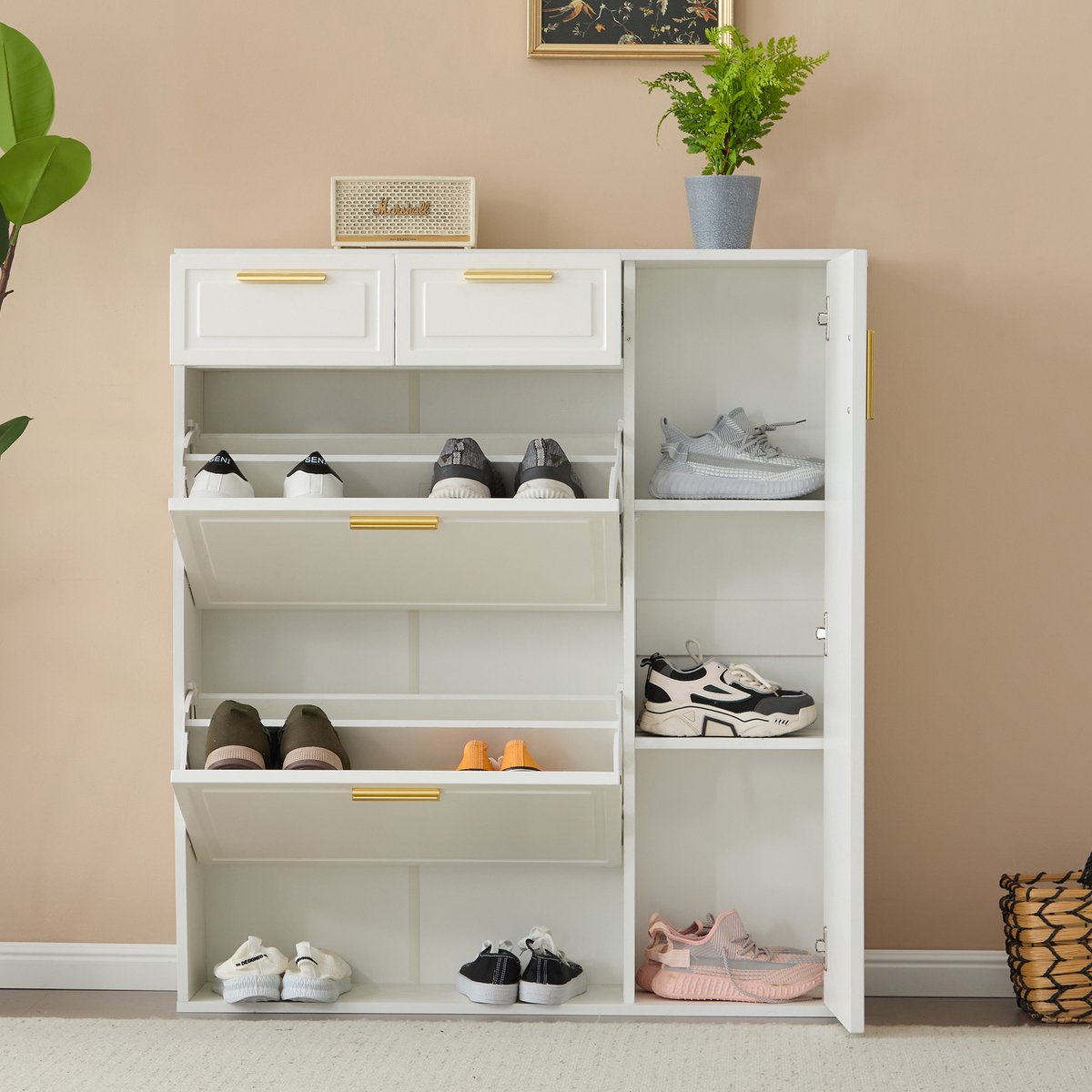 Moderne schoenenkast met verstelbare legplanken - gouden handgrepen - lades - opklapbare schoenenkast en deur - wit - 95x24x107cm (0196986865570)