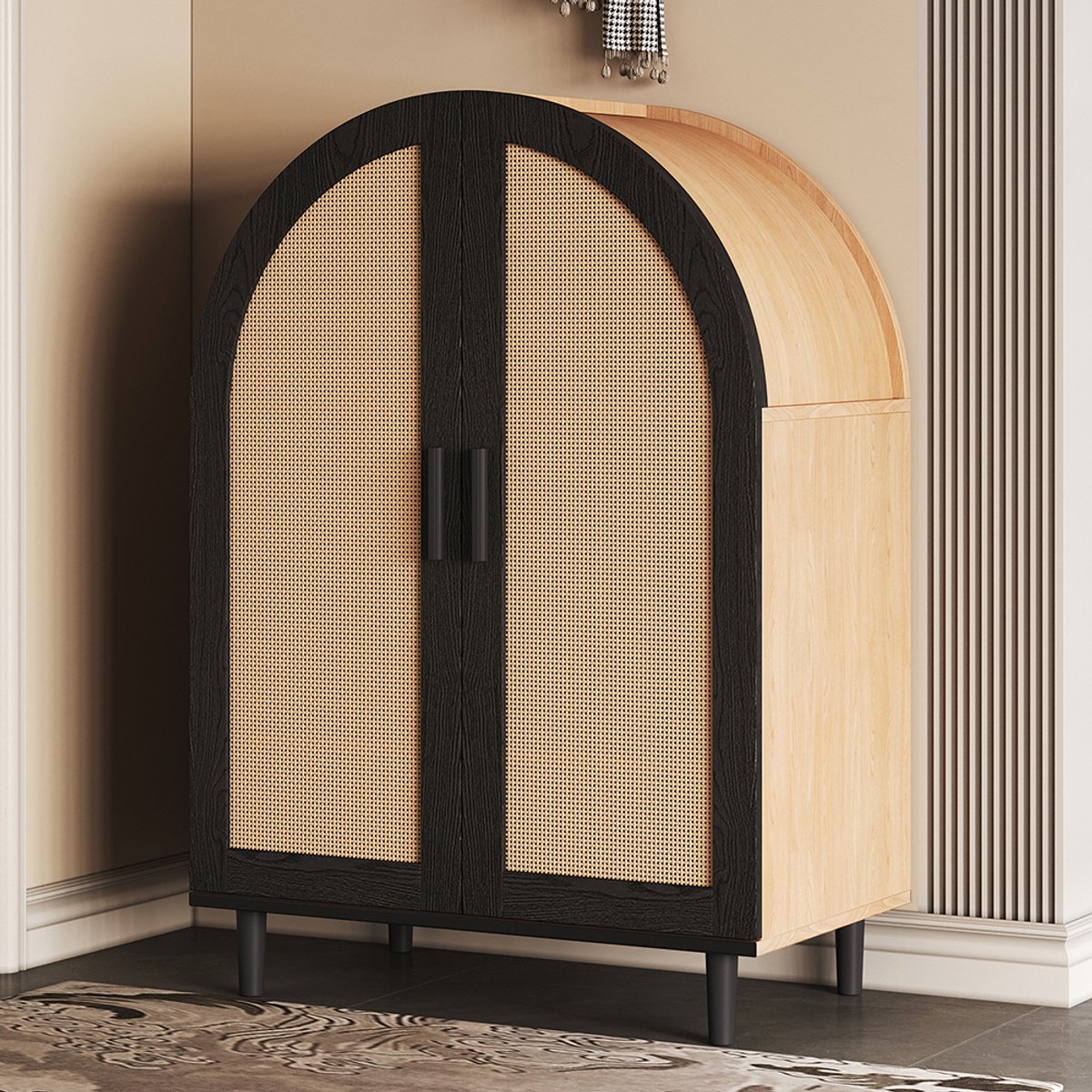 Pugsdrly Elegante dressoir/schoenenkast met afgeronde buitenkant, opengewerkte rotan deuren en drie legplanken. (6099654314698)