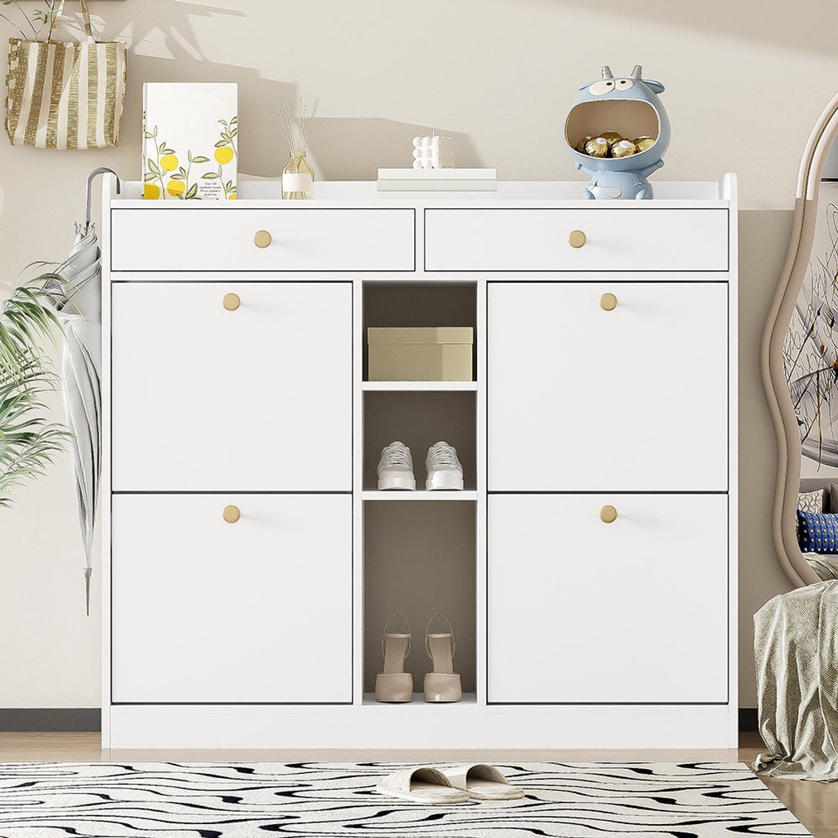 Pugsdrly Elegante witte schoenenkast met 4 klapdeuren, 2 lades, 3 open vakken - perfect voor moderne gangen en entrees, afmetingen 110 x 26 x 100 cm (7856412522134)