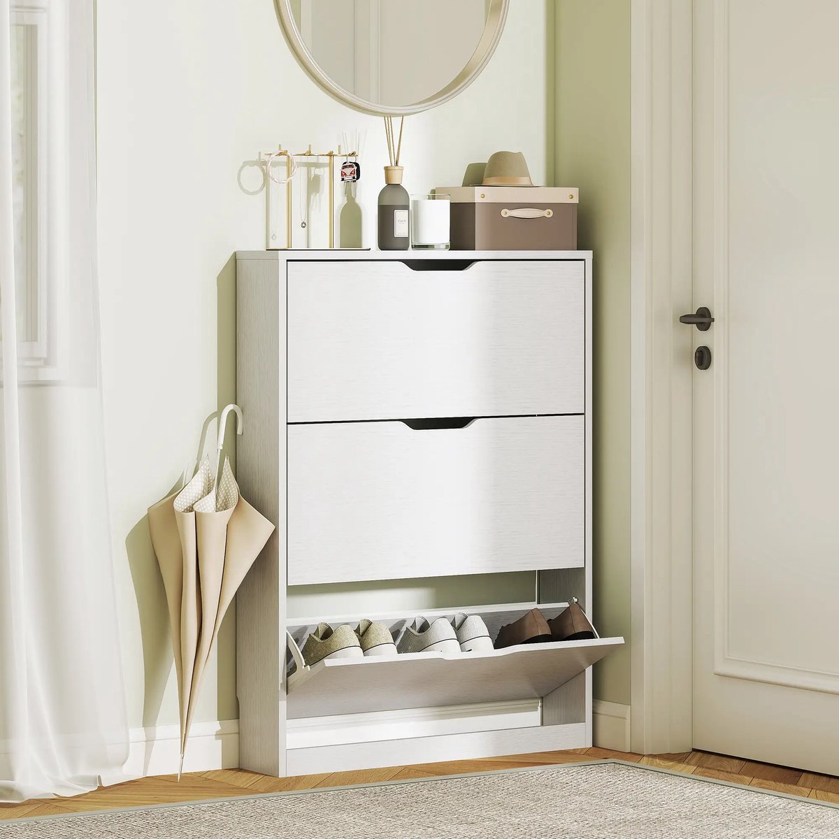 Pugsdrly Schoenenkast met 3 klaplades, voor maximaal 12 paar schoenen, spaanplaat, 80 x 17 x 108 cm, wit (6097936326315)