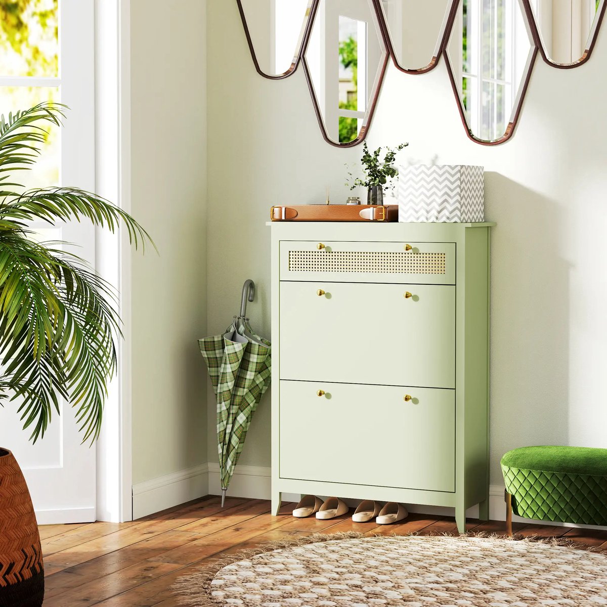 Pugsdrly Schoenenkast voor 12 paar schoenen, met 1 uittrekbare lade, 2 klaplades, schoenenrek, 88 x 30 x 120 cm, groen (6097936326322)