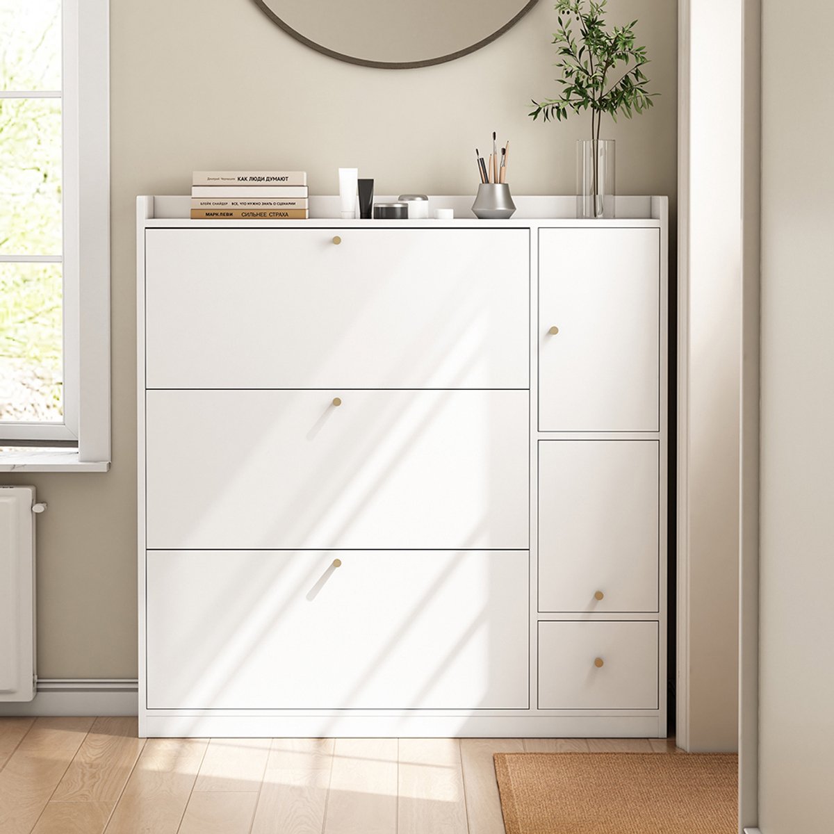 Pugsdrly Veelzijdige schoenenkast met 3 neerklapbare laden, hal organizer met lade, losse schoenenrek met neerklapbare bank voor in de gang, wit, 119*24*122 (6097843548770)