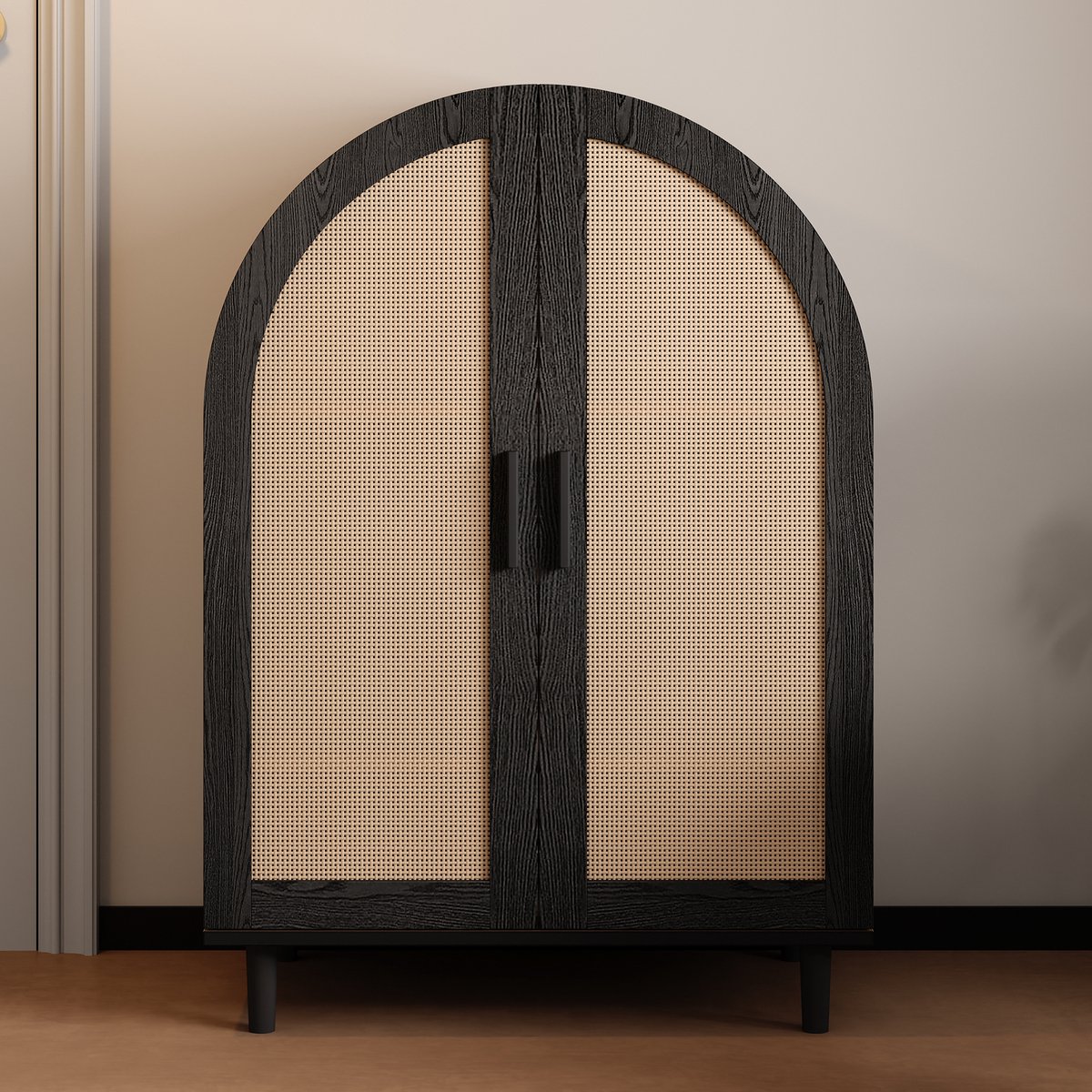 SINGULARITY Schoenenkast - Buitenkant met ronde vorm - Opengewerkte rieten deur - Drie planken - Houtkleur (6279523401920)