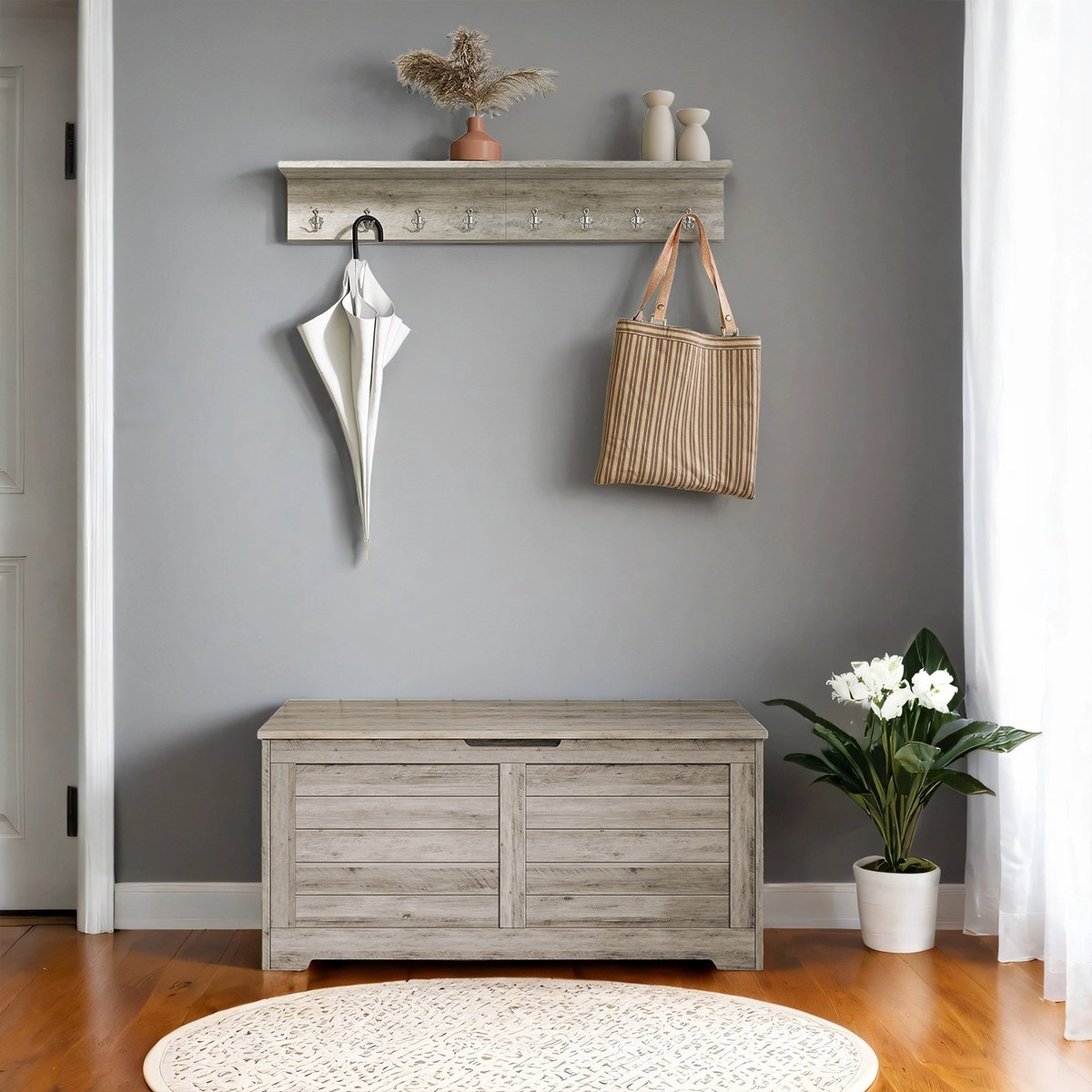 Schoenenbank - Met Opbergruimte - Landelijke Stijl - Greige Gevlekt (9508896196179)