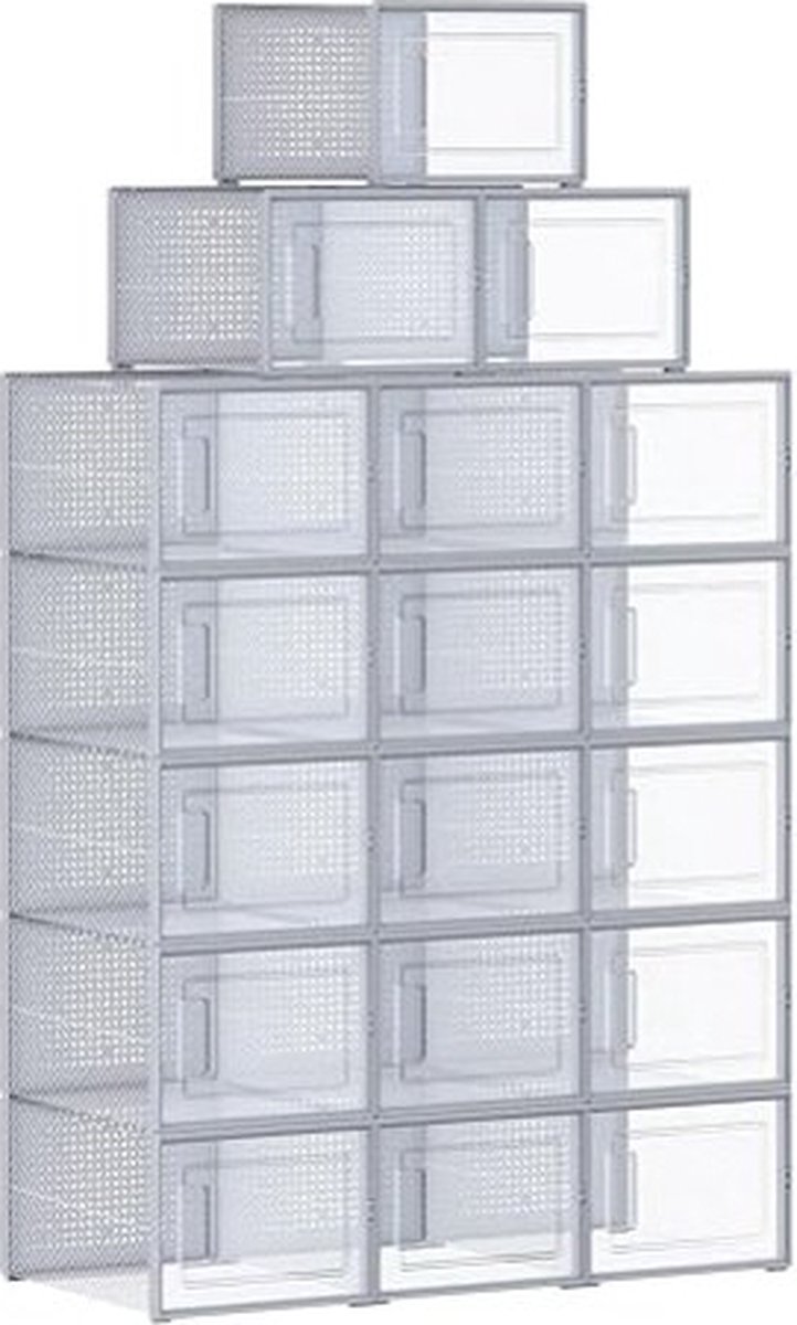 Schoenendoos voor schoenen tot maat 46.5, stapelbare schoenorganisator, opvouwbaar en veelzijdig, transparant en grijs, 18 stuks (8720783163656)
