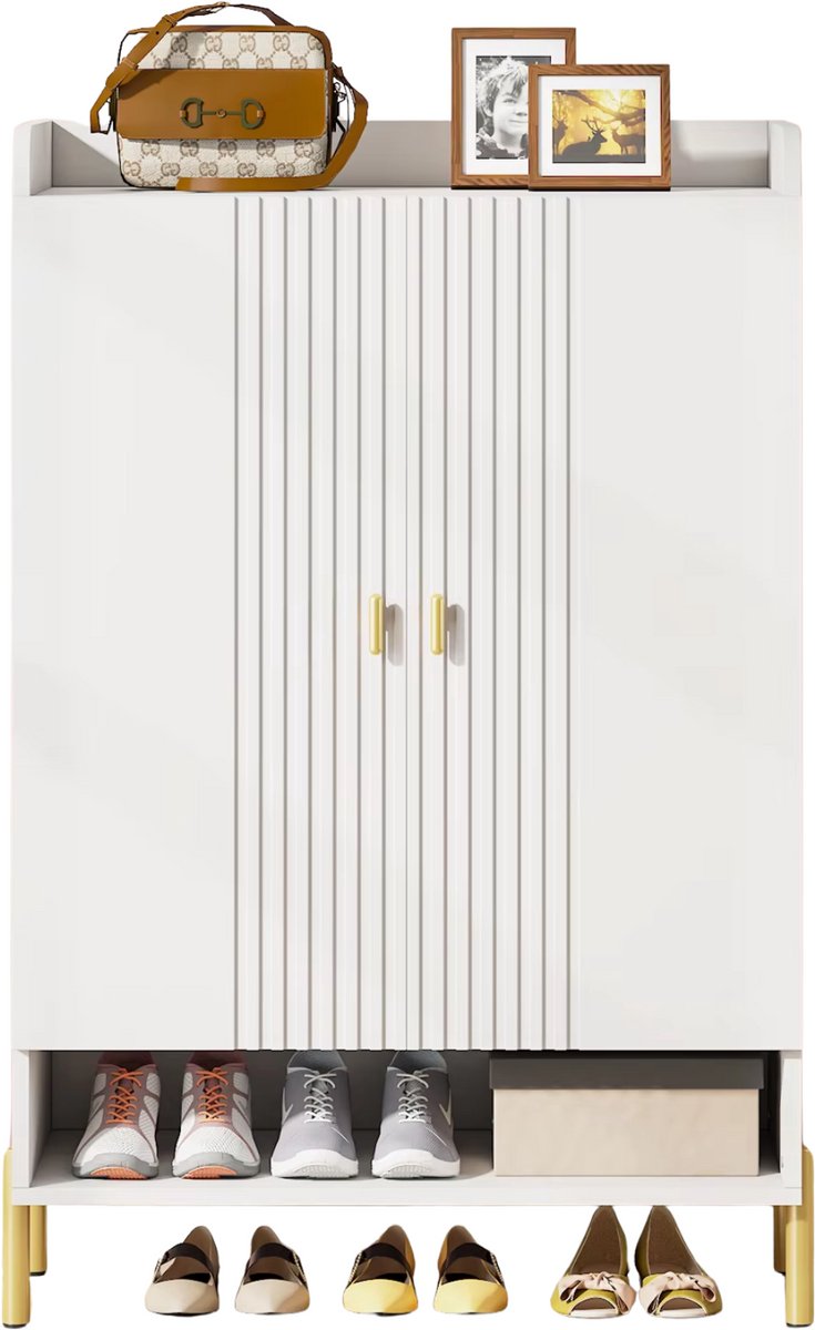 Schoenenkast Datino - Met deuren - Wit - Schoenenrek - 110cm - 6 laags - Houten opbergkast met kleppen (8721052083927)