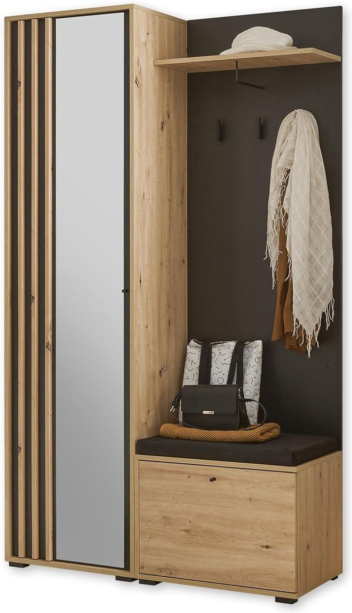 Schoenenkast met spiegel Set Zwarte Kapstokken Artisan Eikenlook 114x197x40 Moderne Compacte Garderobe Entree Schoenenkast met spiegel (9503488888616)