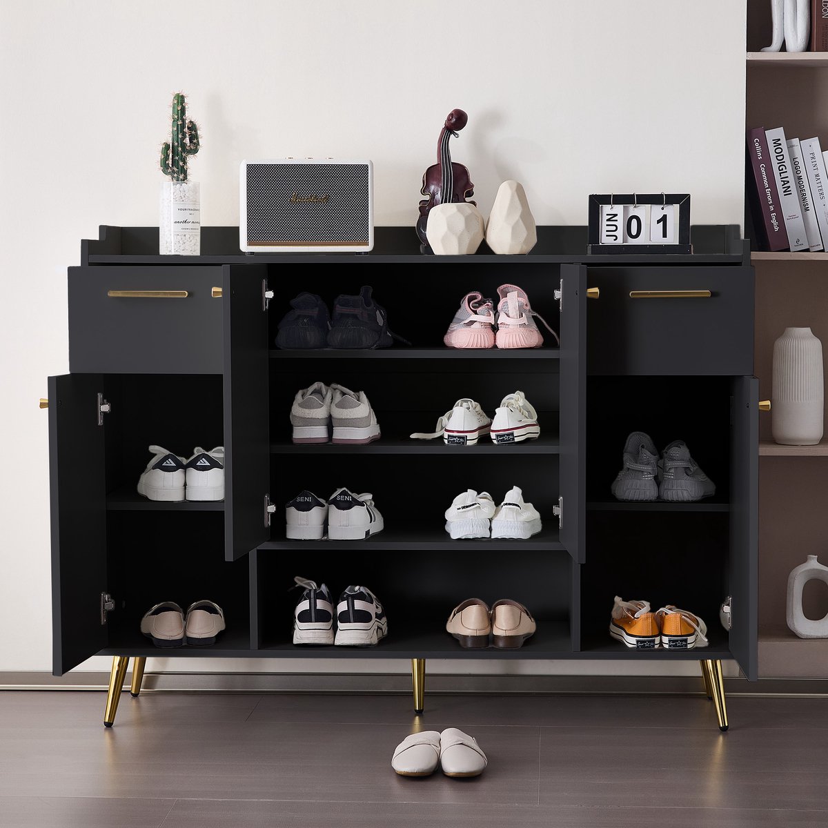Schoenenkast - schoenenrek met 2 lades en 4 deuren - metalen poten - 130x37x100 cm - zwart (0196986865556)