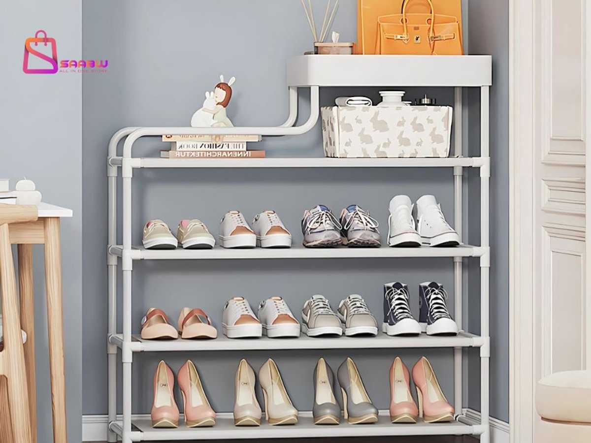 Schoenenrek 5 Lagen Wit - Metalen Schoenenkast Organizer met Stoffen Planken - schoenenkast - schoenenrek metaal - schoenen rek - 73019 (6154517670646)