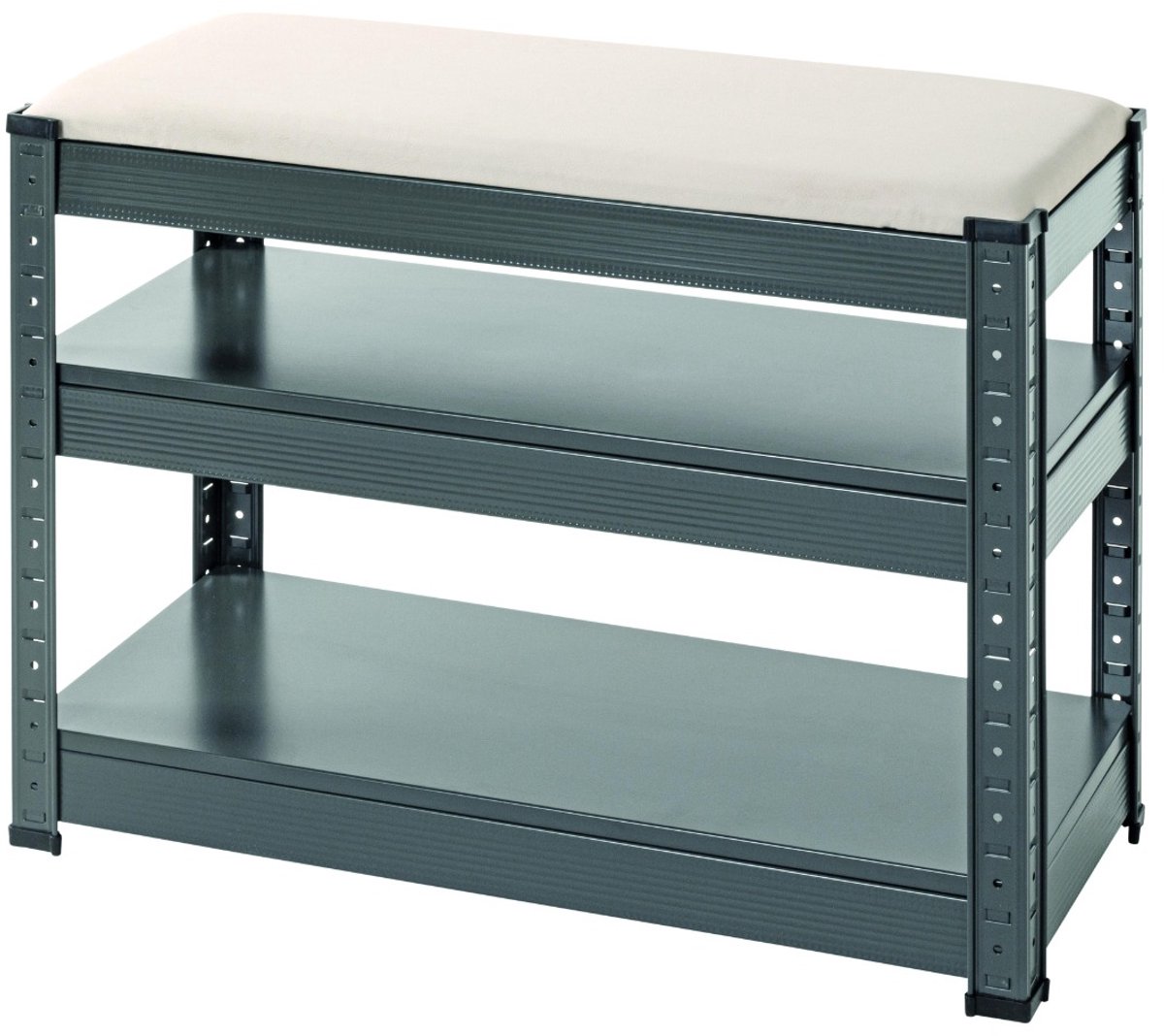 Schoenenrek - Metalen schoenenbank antraciet - Gewatteerde zitting grijs kunstleer - 2 planken voor 8 paar - Comfortabel zitmeubel 60x28x47 cm (6154307739737)