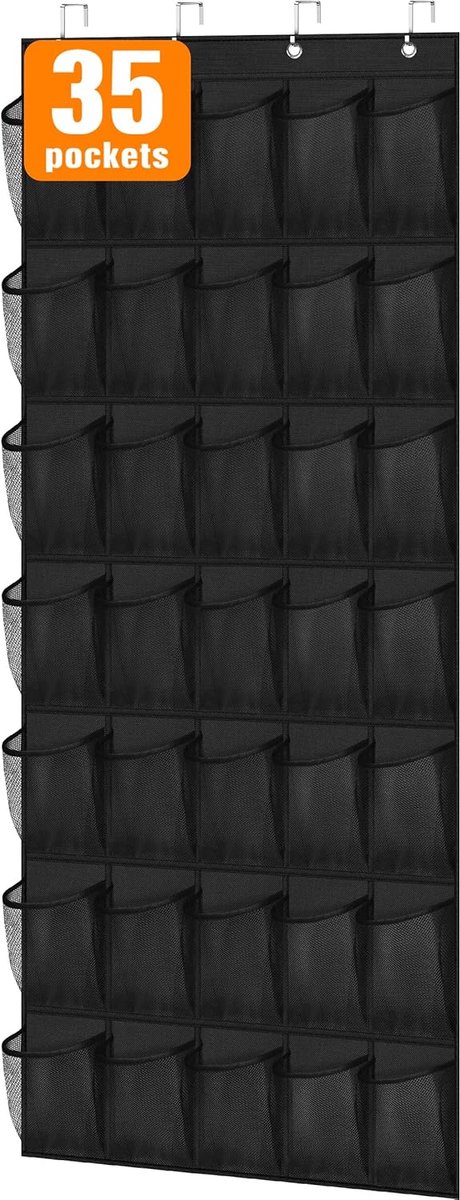 Schoenenrek - Organizer - Schoenenkasten - Schoenenzak hangend - Schoenenopberger met doorzichtige deur - Organizer - Schoenenzak - Hangende opberger - 35 vakken - grote opbergruimte boven de deur - voor in de kast schoenenhouder - hanger - zwart (0080749370619)