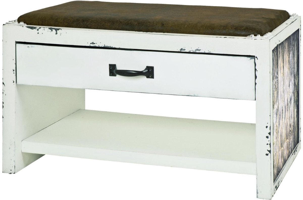 Schoenenrek - Schoenenbank met lade en plank - Vintage motiefdecor licht parket - Wit geborsteld MDF - Comfortabele bruine kunstlederen zitting - Gemonteerd - 72 x 40 x 43 cm (6154300313330)