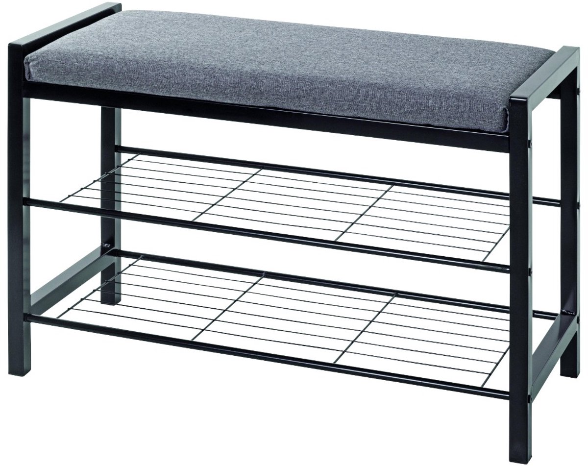Schoenenrek - Stijlvol zwart metaal en grijze textielstof - Comfortabele zitting - Ruimte voor 6 paar schoenen - Stevig en modern design - 75 cm breed (6154306624621)