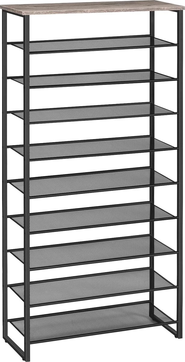 Schoenenrek met 10 niveaus, smal schoenenkast, schoen organisator voor 32-40 paar schoenen, metaal, voor hal, woonkamer, greige-zwart (8785291640655)