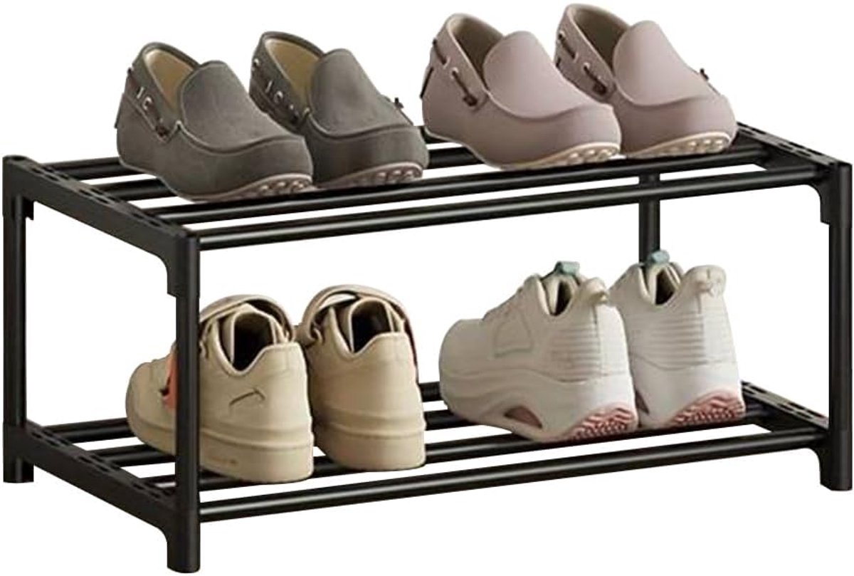 Schoenenrek met 2 niveaus, opslag, roestwerende coating, klein, slank, smal, stapelbaar, geschikt voor slaapzaal, huurhuis, balkon, zwart (0726599805542)