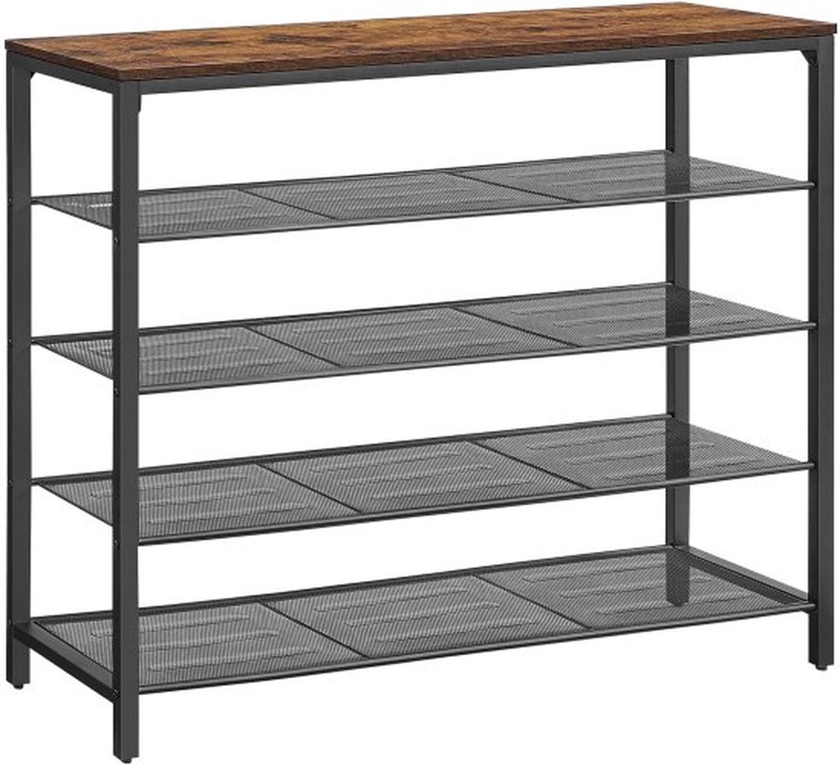 Schoenenrek met 4 roosterniveaus en royaal oppervlak voor tassen, voor de entree, hal, metaal, industrieel design, 30 x 120 x 92,5 cm, vintabruin-zwart (8720783120819)