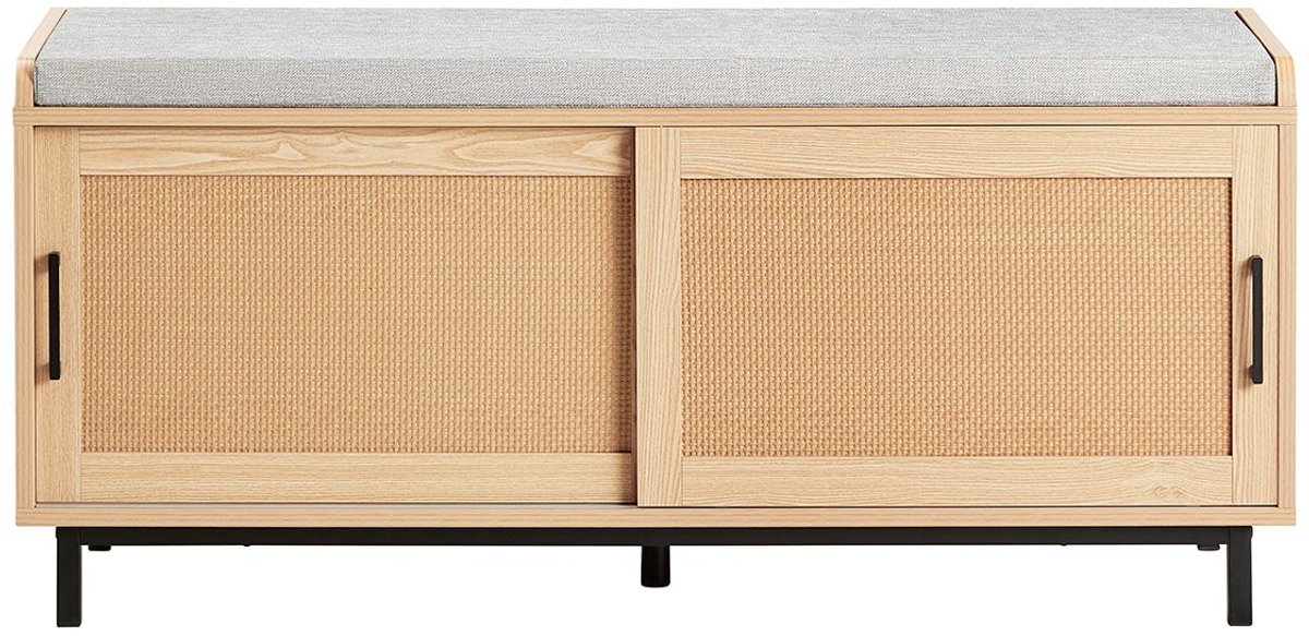 SoBuy FSR154-N Schoenenbank voor woonruimte, met gewatteerd kussen, 2 schuifdeuren, geweven rotan, 110x40x49 cm, houtkleurig (4251388628331)