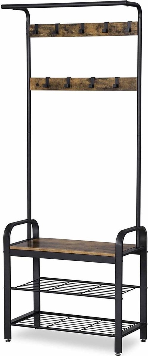 Staand Garderoberek met Kapstok Schoenenrek en Bank - Vintage Industrieel - Bruin / Zwart (8720214903196)