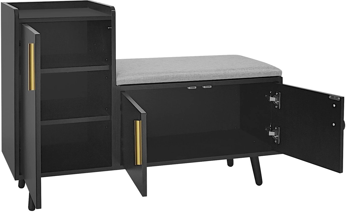 SureDeal® - Schoenenbank met lade & gewatteerde zitting - Houten schoenenkast met plank - Voor hal, slaapkamer & woonkamer - Zwart (6154507296245)