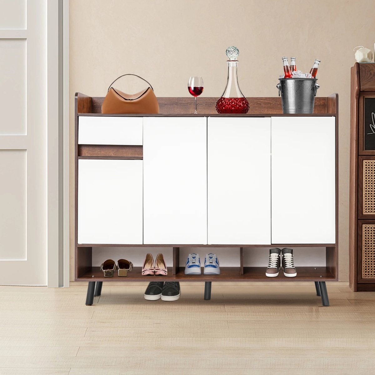 SureDeal® - Schoenenkast vrijstaand - 120x32x100 cm - MDF - Warm wit - 4 deuren & 1 lade - Modernee vormgeving (6154507422460)