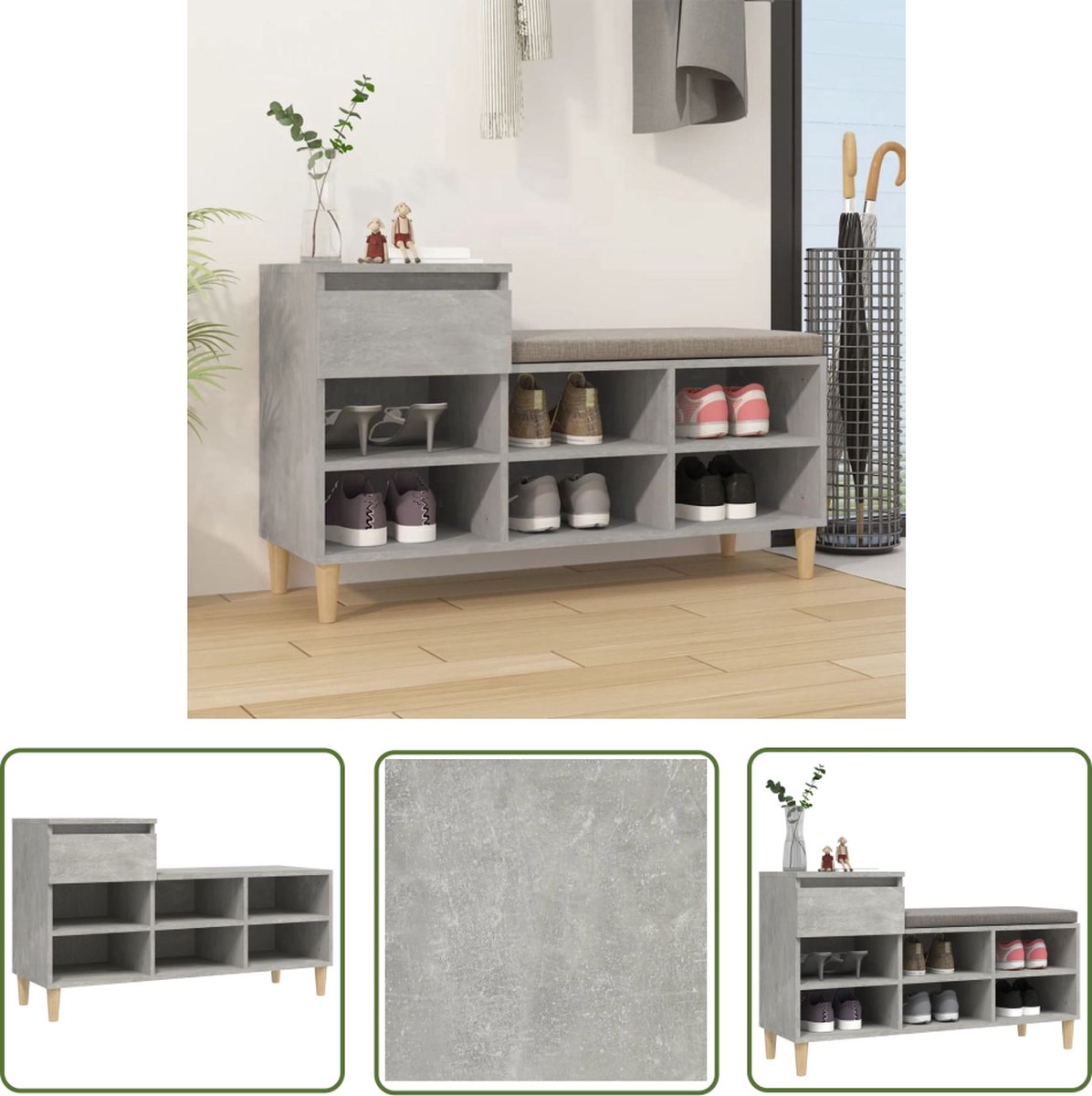 The Living Store Schoenenkast - Betongrijs - 102 x 36 x 60 cm - Duurzaam bewerkt hout materiaal (8721032172818)