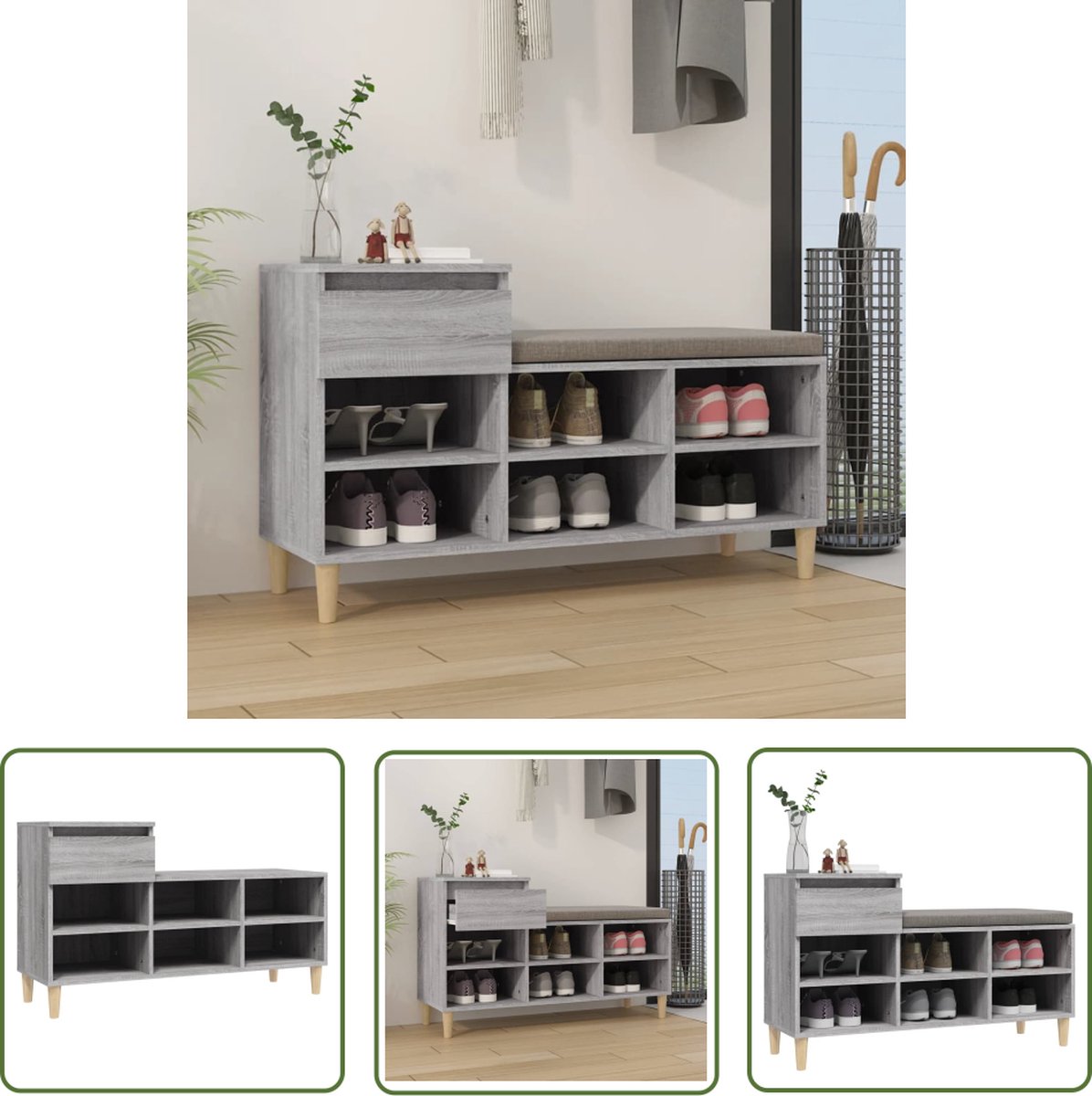 The Living Store Schoenenkast - Grijs Sonoma Eiken - 102 x 36 x 60 cm - Duurzaam Bewerkt Hout - Massief Eucalyptushout (8721032032280)