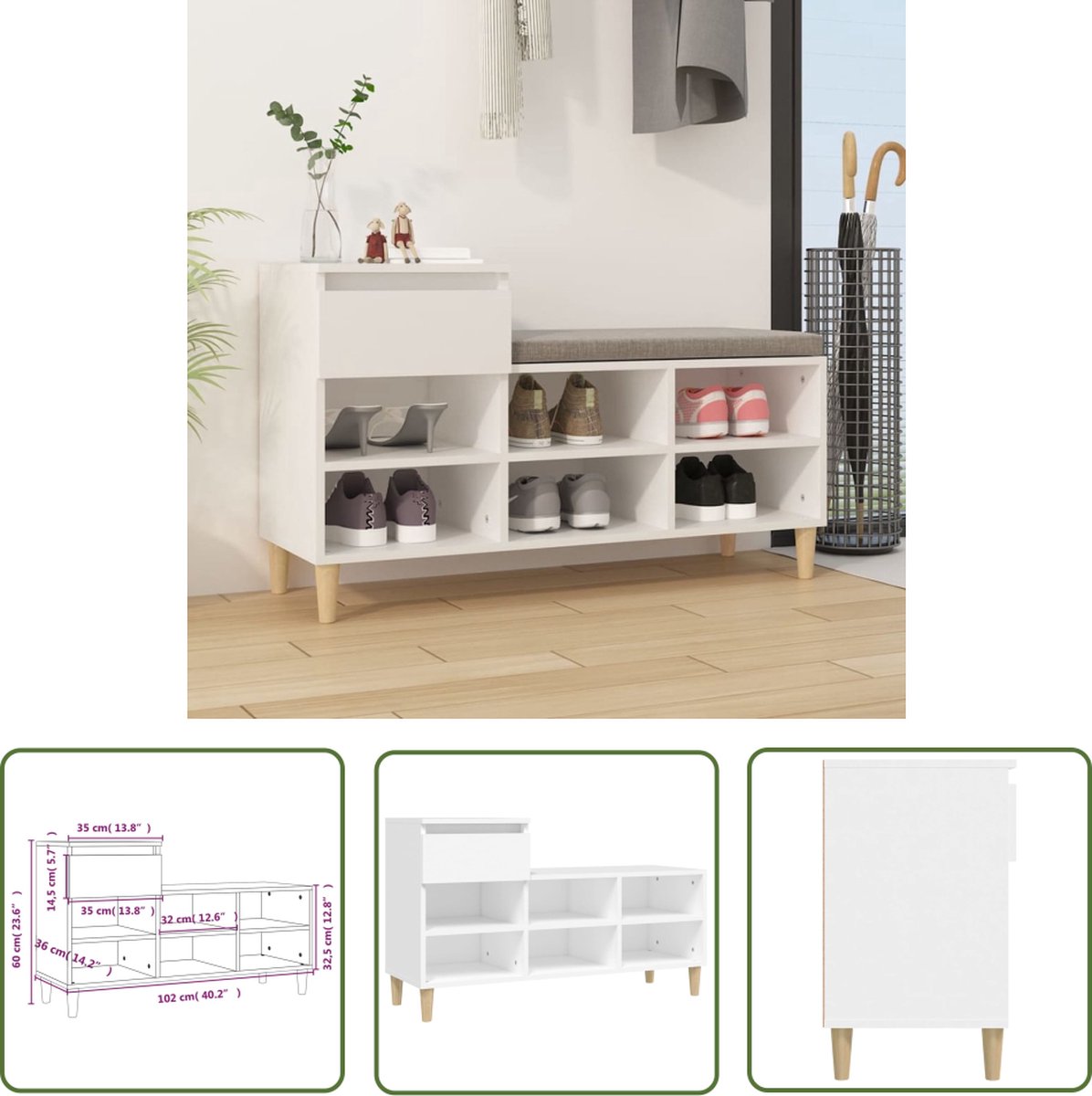 The Living Store Schoenenkast - - Meubilair - 102 x 36 x 60 cm - Wit (8721032006175)