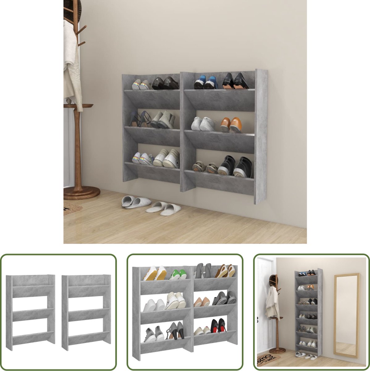 The Living Store Schoenenkast - Moderne - Wandmontage - 60 x 18 x 90 cm - Betongrijs (8721194680466)