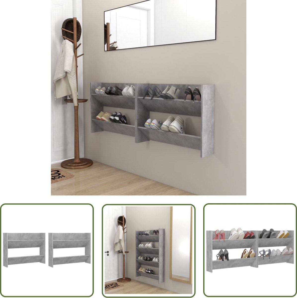 The Living Store Schoenenkast Muur - 80x18x60cm - Betongrijs (8721031230533)