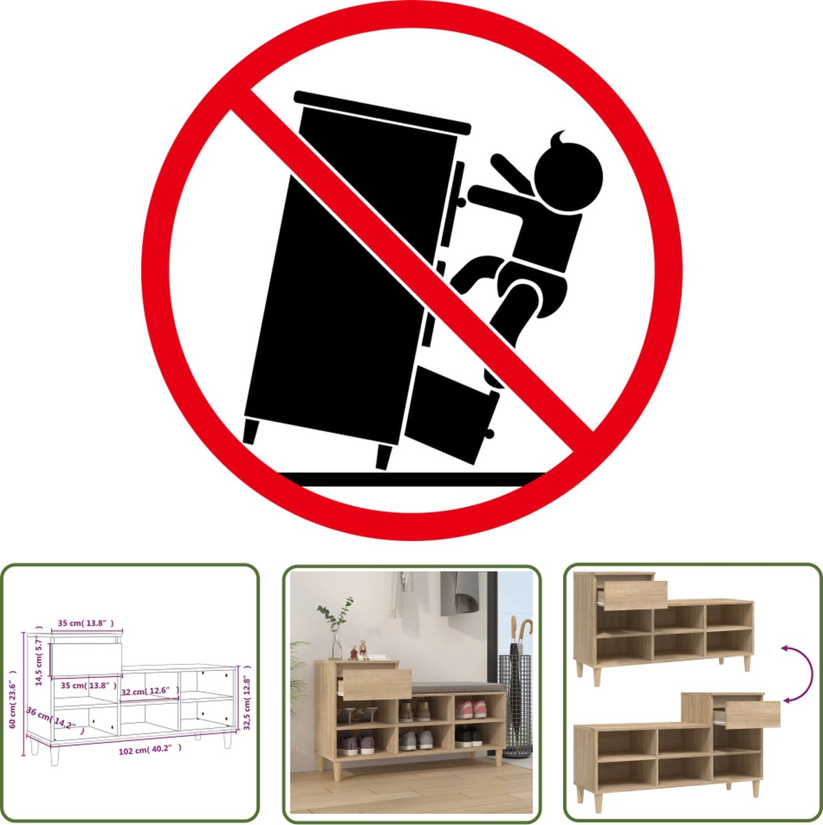 The Living Store Schoenenkast - Sonoma Eiken - 102 x 36 x 60 cm - Duurzaam materiaal (8721032234233)