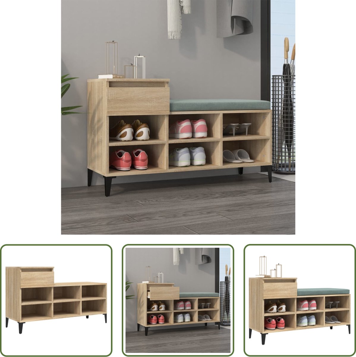 The Living Store Schoenenkast Sonoma Eiken - Hoge Kwaliteit - Metalen Poten - 1 Lade - 6 Vakken - 102 x 36 x 60 cm (8721032193301)