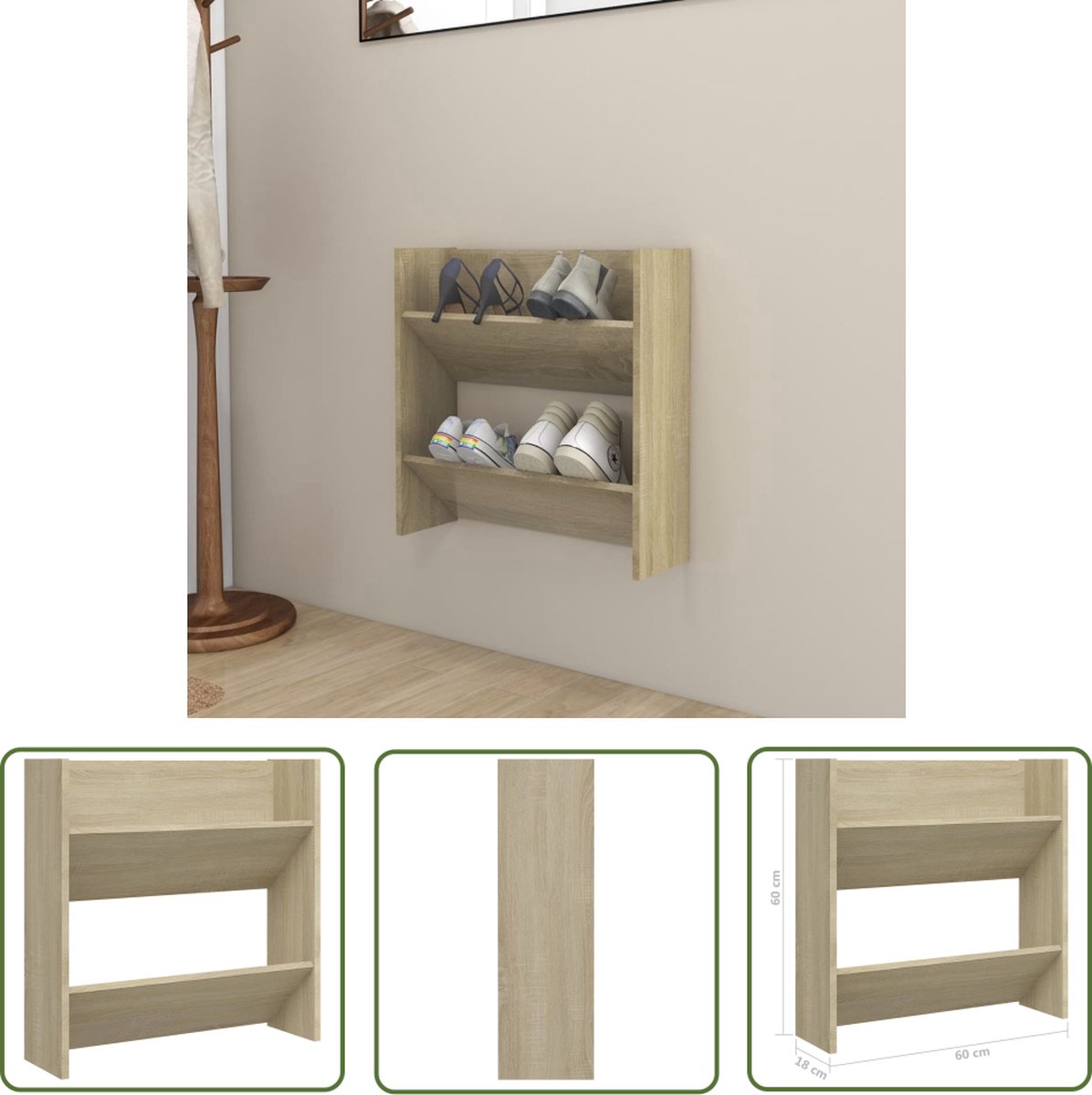 The Living Store Schoenenkast - Sonoma eiken - 60 x 18 x 60 cm - 2 schuine schappen (8721032223381)