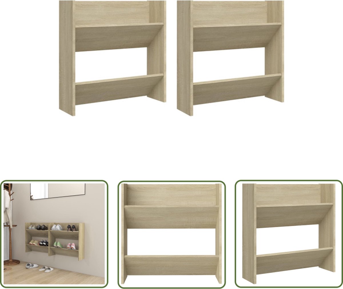 The Living Store Schoenenkast - Wandbevestiging - Sonoma eiken - 60 x 18 x 60 cm - 2 schappen (8721031229544)