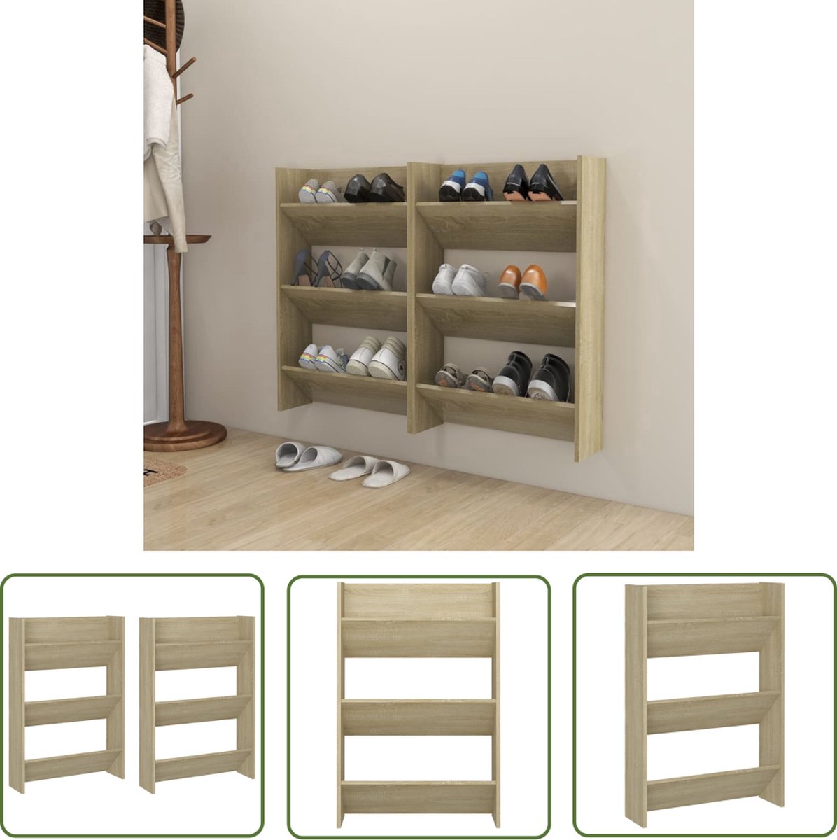 The Living Store Schoenenkast - Wandmontage - 60 x 18 x 90 cm - Sonoma eiken (8721031229605)