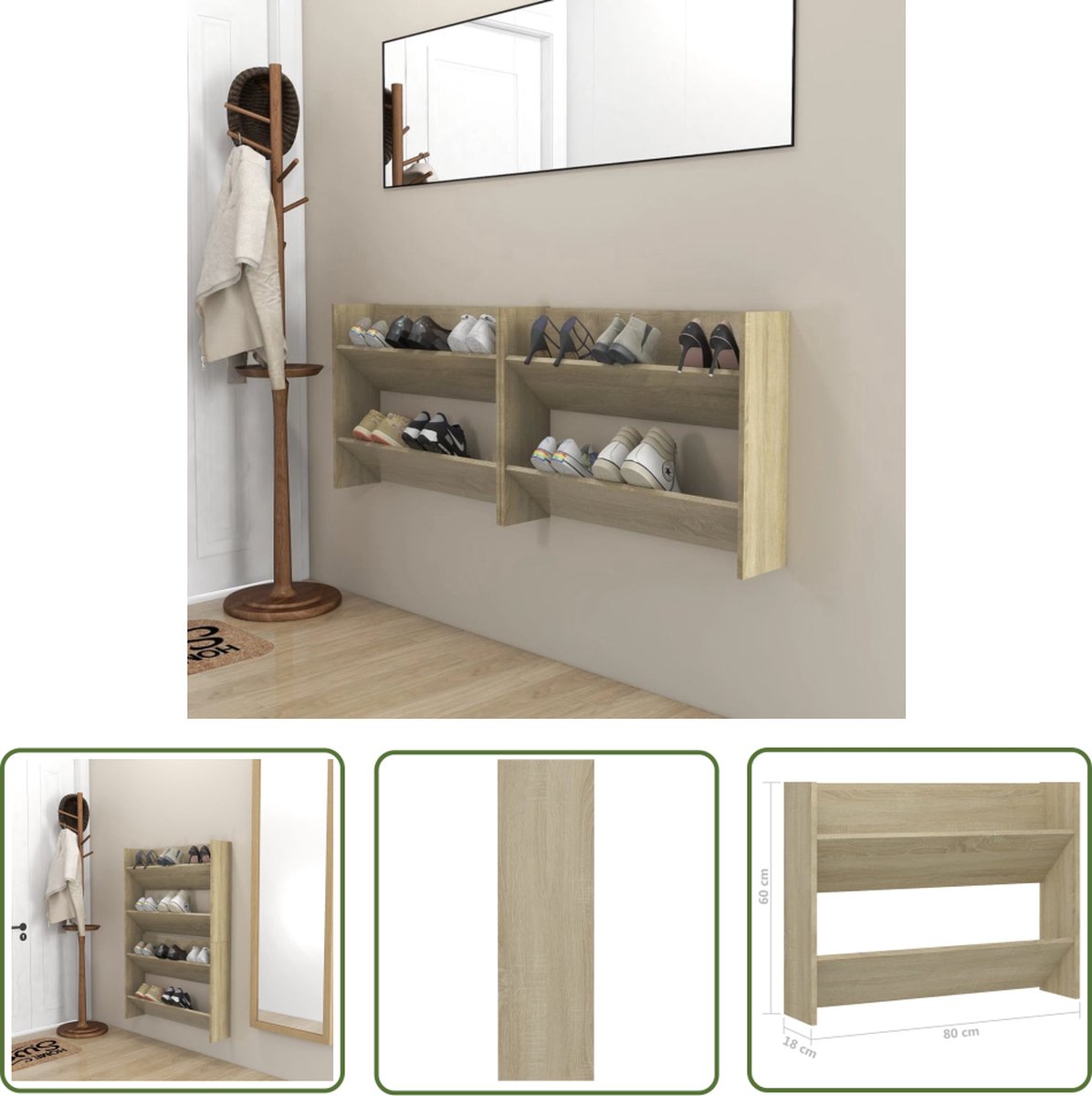 The Living Store Schoenenkast Wandmontage - 80 x 18 x 60 cm - Sonoma eiken - 2 schappen (8721031229087)