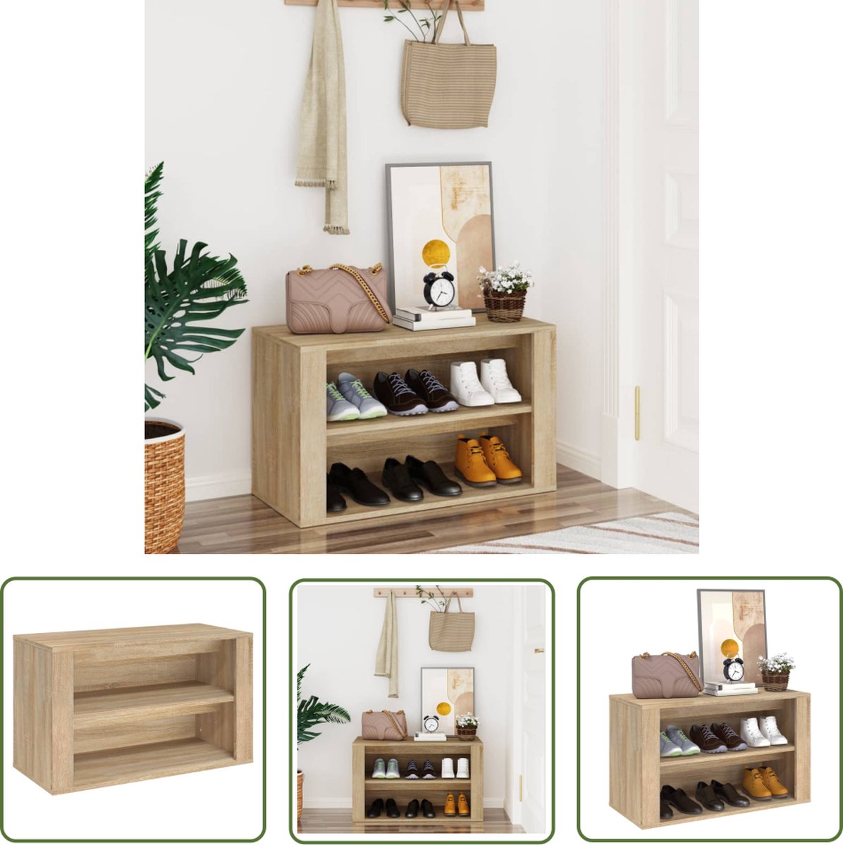 The Living Store Schoenenrek - 2 vakken - Stevig materiaal - Voldoende opbergruimte - Stabiel blad - Sonoma eiken - 75 x 35 x 45 cm (8721031227755)