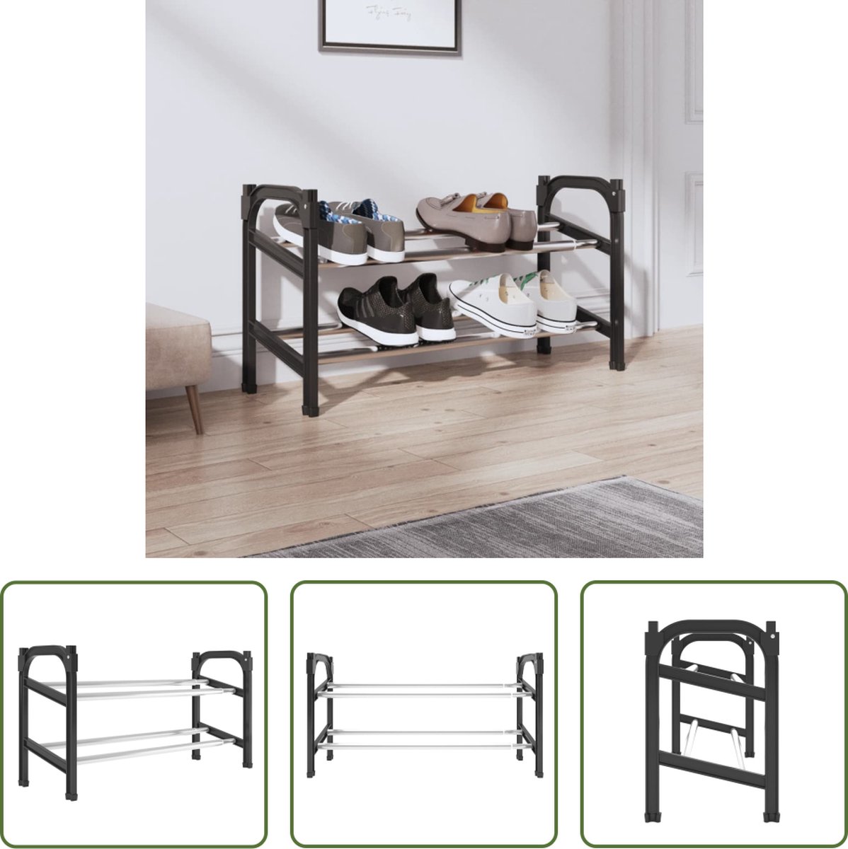 The Living Store Schoenenrek Stapelbaar - (66-119) x 24 x 37 cm - Aluminium frame - Zwart en Zilver (8721031228608)