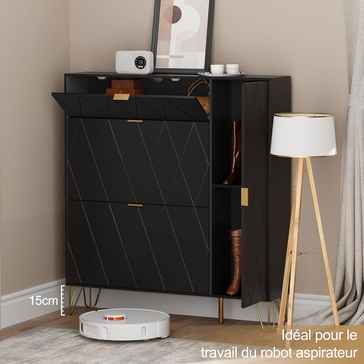 UEV Kantelbare schoenenkast, schoenenrek voor 16 paar schoenen, schoenenopslag, verborgen plank en laarzenkast aan de zijkant (Zwart) (0774827428667)