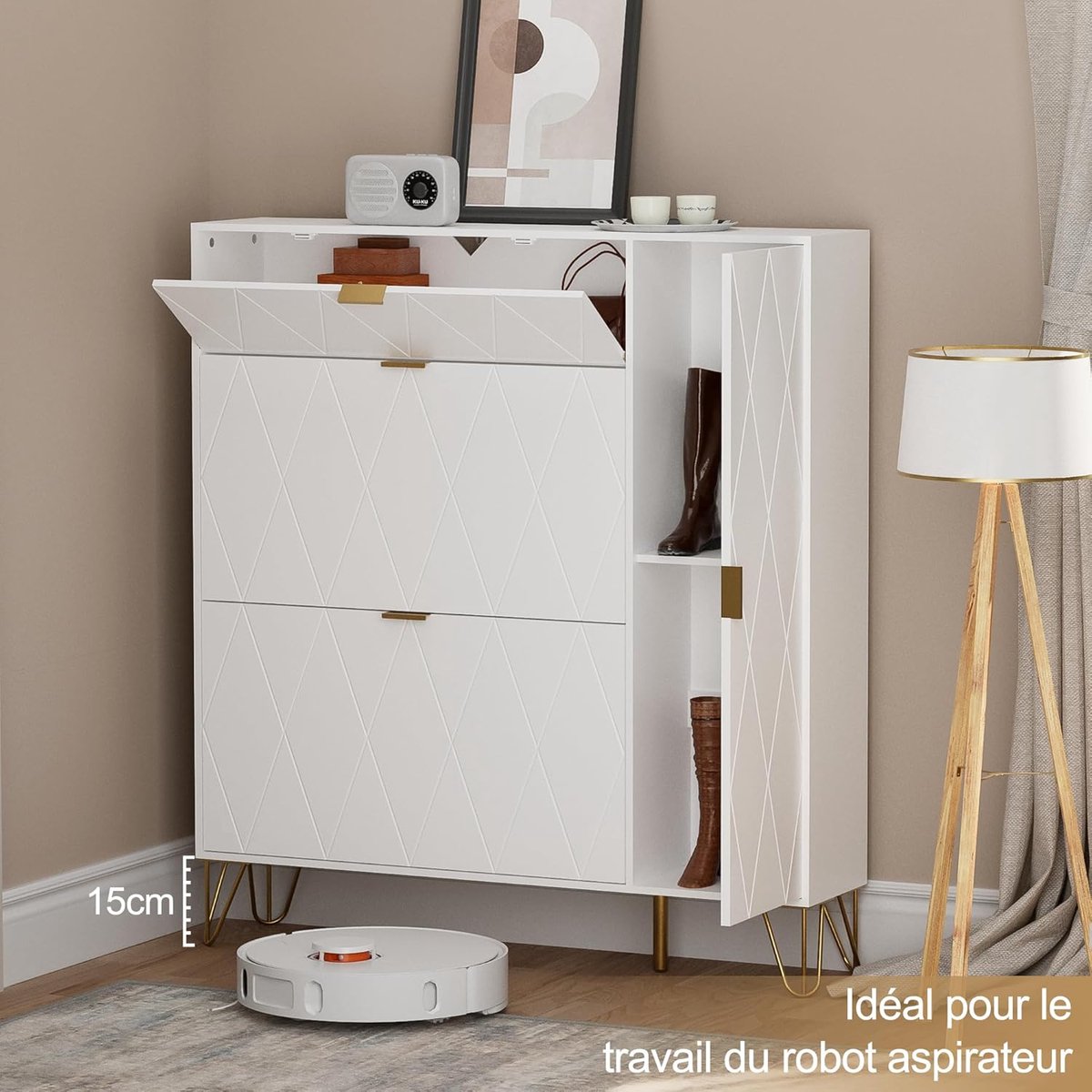 UEV Kantelbare schoenenkast, schoenenrek voor 16 paar schoenen, schoenenopslag, verborgen plank en laarzenkast aan de zijkant (wit) (0774827428643)