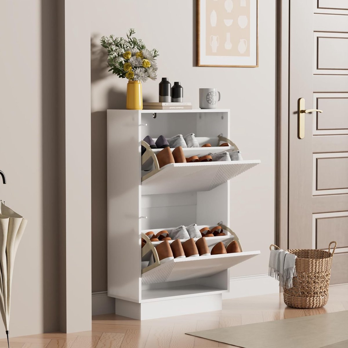 UEV Schoenenkast met 2 kleppen, schoenenkast met lijnpatroon, schoenenrek met anti-kantelfunctie, voor hal, entree, woonkamer, 50 x 24 x 91 cm, wit (0716597090835)