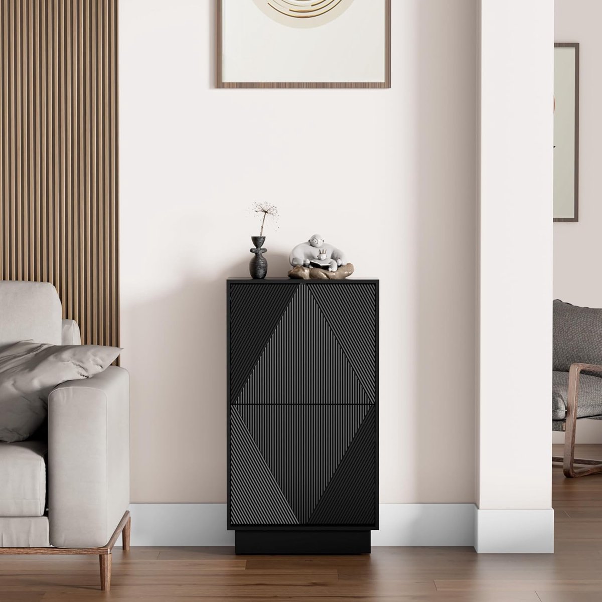 UEV Schoenenkast met 2 kleppen, schoenenkast met lijnpatroon, schoenenrek met anti-kantelfunctie, voor hal, entree, woonkamer, 50 x 24 x 91 cm, zwart (0716597090828)