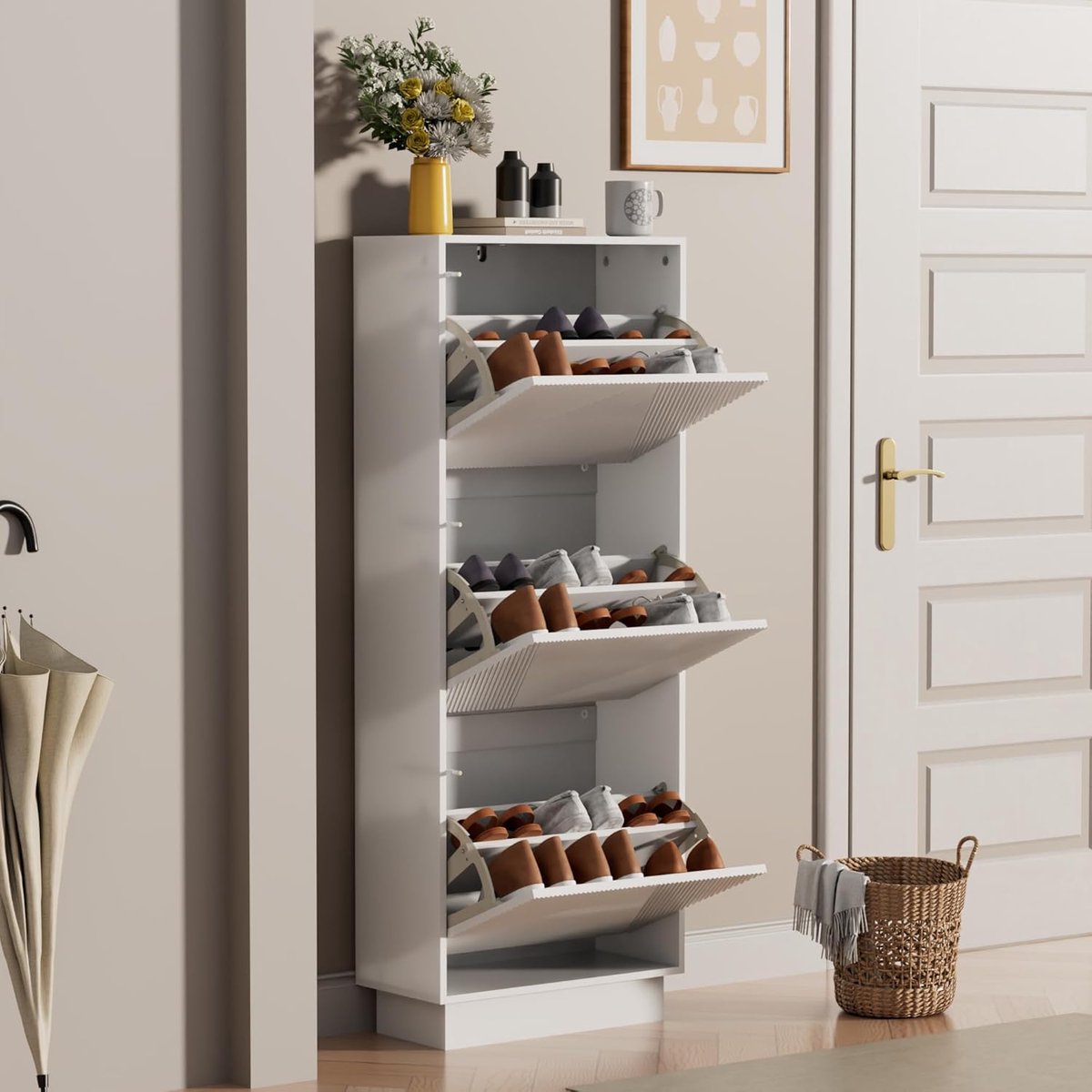 UEV Schoenenkast met 3 kleppen, schoenenkast met lijnpatroon, schoenenrek met anti-kantelfunctie, voor hal, entree, woonkamer, 50 x 24 x 131 cm, wit (0716597090866)