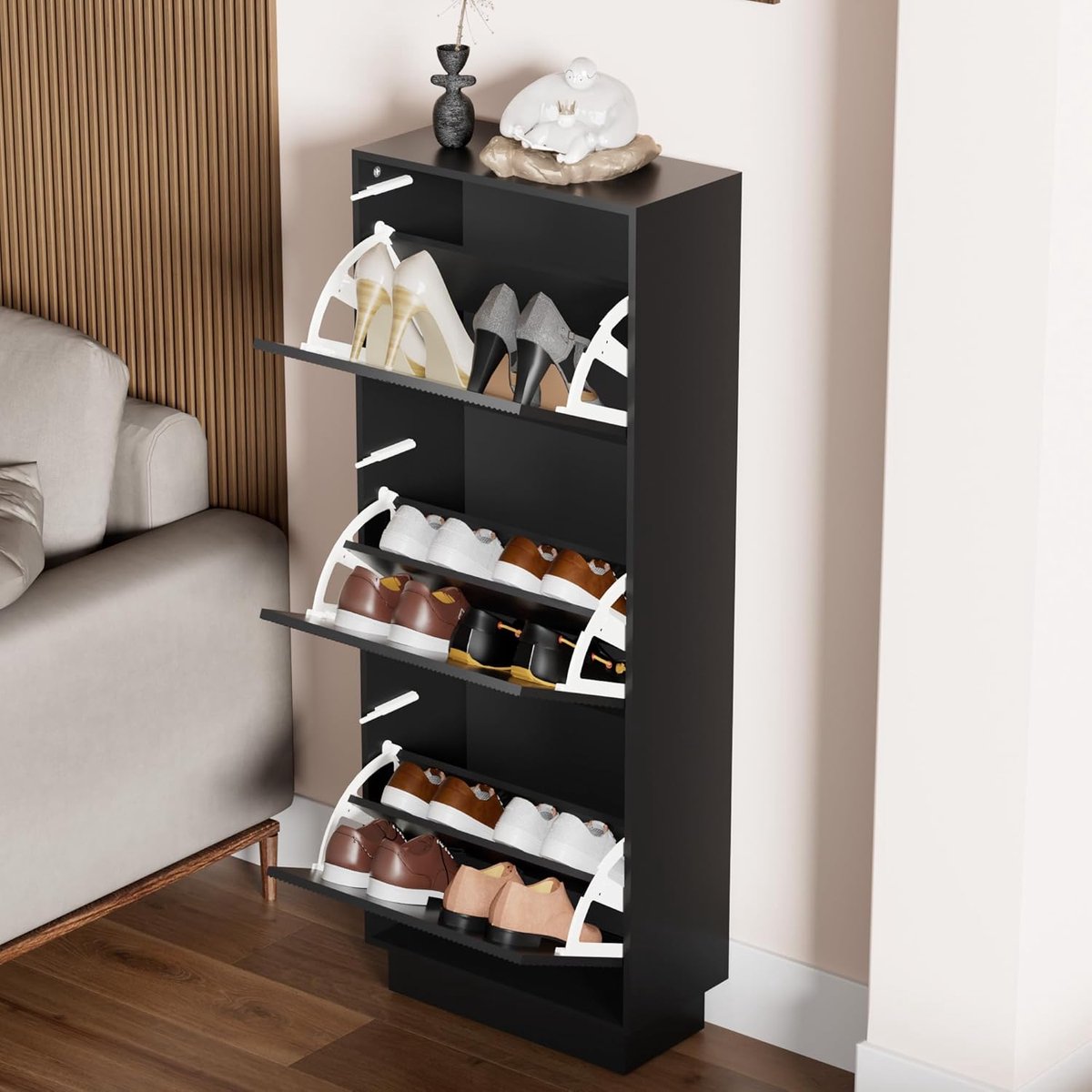 UEV Schoenenkast met 3 kleppen, schoenenkast met lijnpatroon, schoenenrek met anti-kantelfunctie, voor hal, entree, woonkamer, 50 x 24 x 131 cm, zwart (0716597090859)