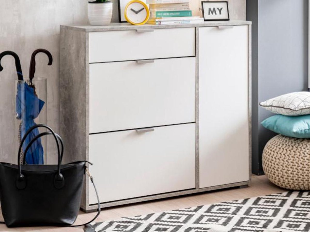 Vente-unique Schoenenkast ARIETTA - 2 vlakken, 1 deur en 1 lade - Kleur: wit & beton L 102 cm x H 95 cm x D 33 cm (8605014803979)