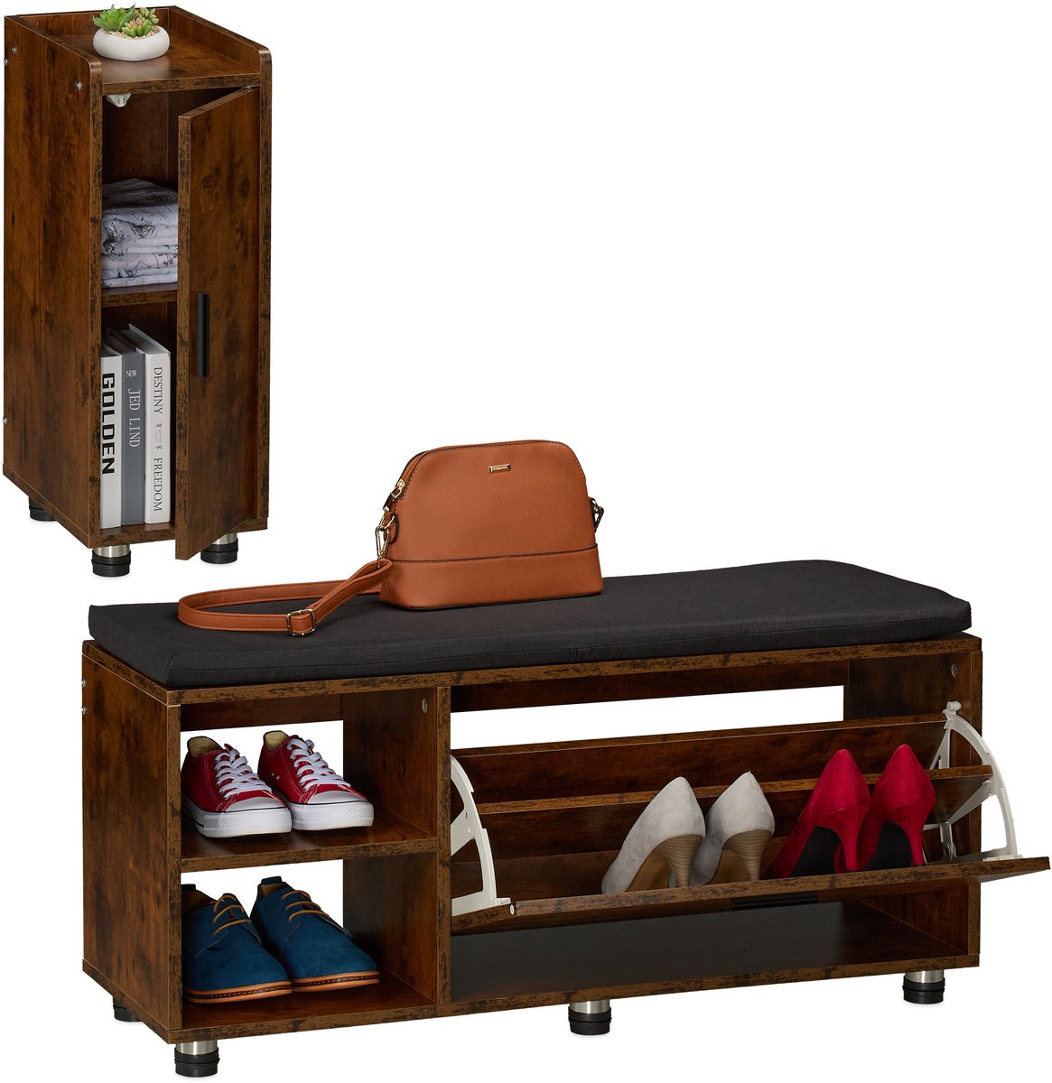schoenenbank met zitkussen - 100 cm breed - met halkastje - industrieel (4052025863432)