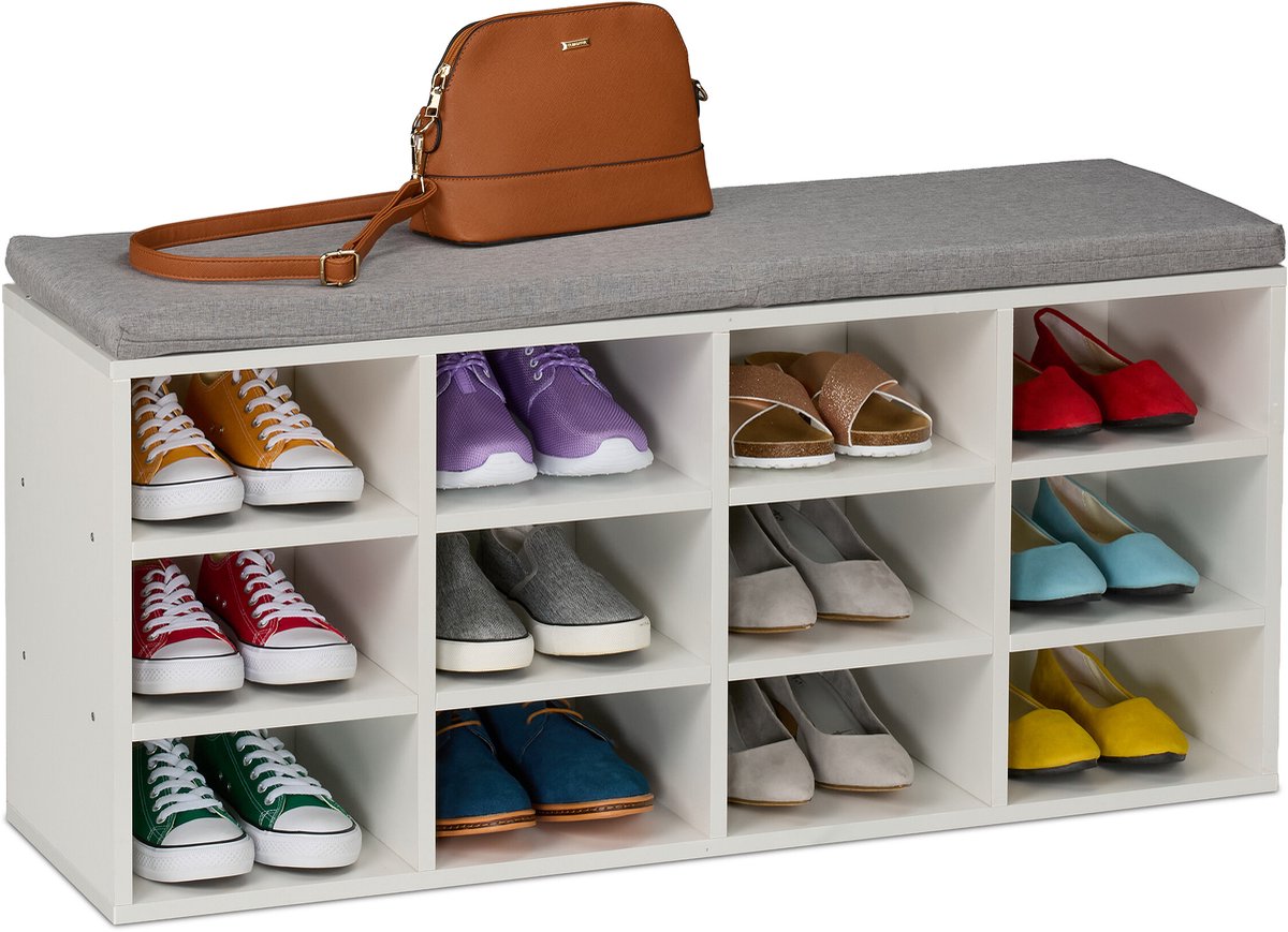 schoenenkast met zitkussen - 12 vakken - 49,5x104x31 cm - wit-grijs (4052025863548)