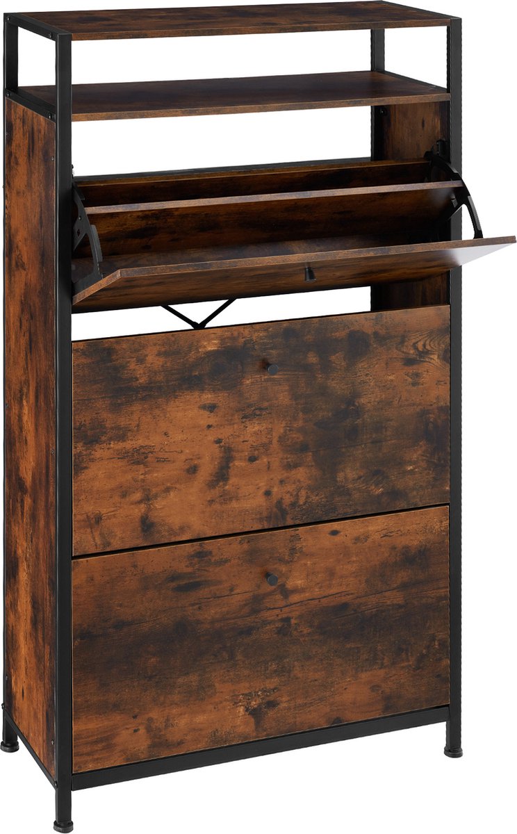 tectake® - Schoenenkast met 3 vakken - Houten schoenenrek met 3 vakken - Schoenenkantelaar met extra vak - Industrieel design - Zwart metalen frame - Afmeting (LxBxH) 61 x 30 x 130 cm - Donkerbruin (4061173210739)