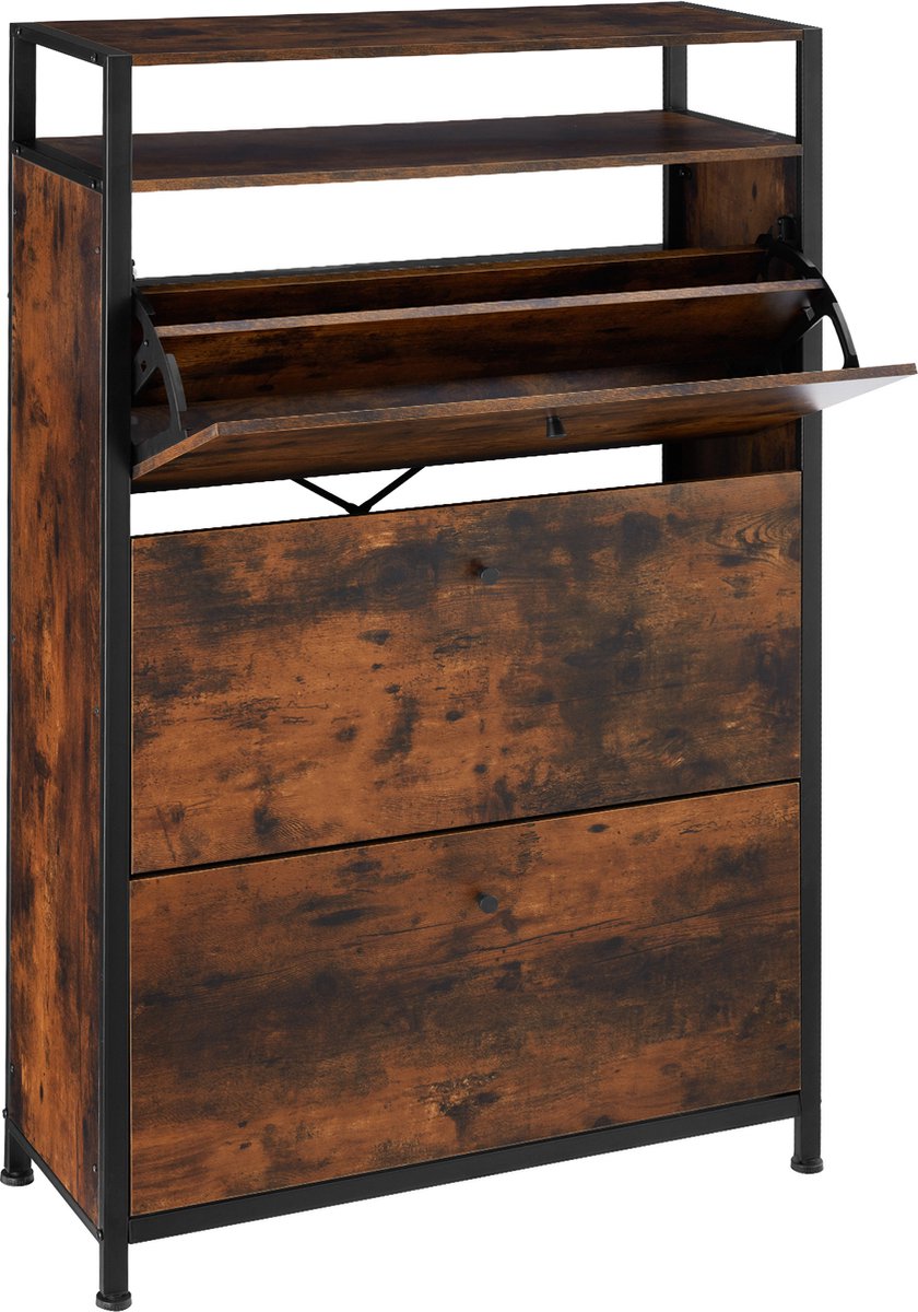 tectake® - Schoenenkast met 3 vakken - Houten schoenenrek met 3 vakken - Schoenenkantelaar met extra vak - Industrieel design - Zwart metalen frame - Afmeting (LxBxH) 81 x 30 x 130 cm - Donkerbruin (4061173210753)