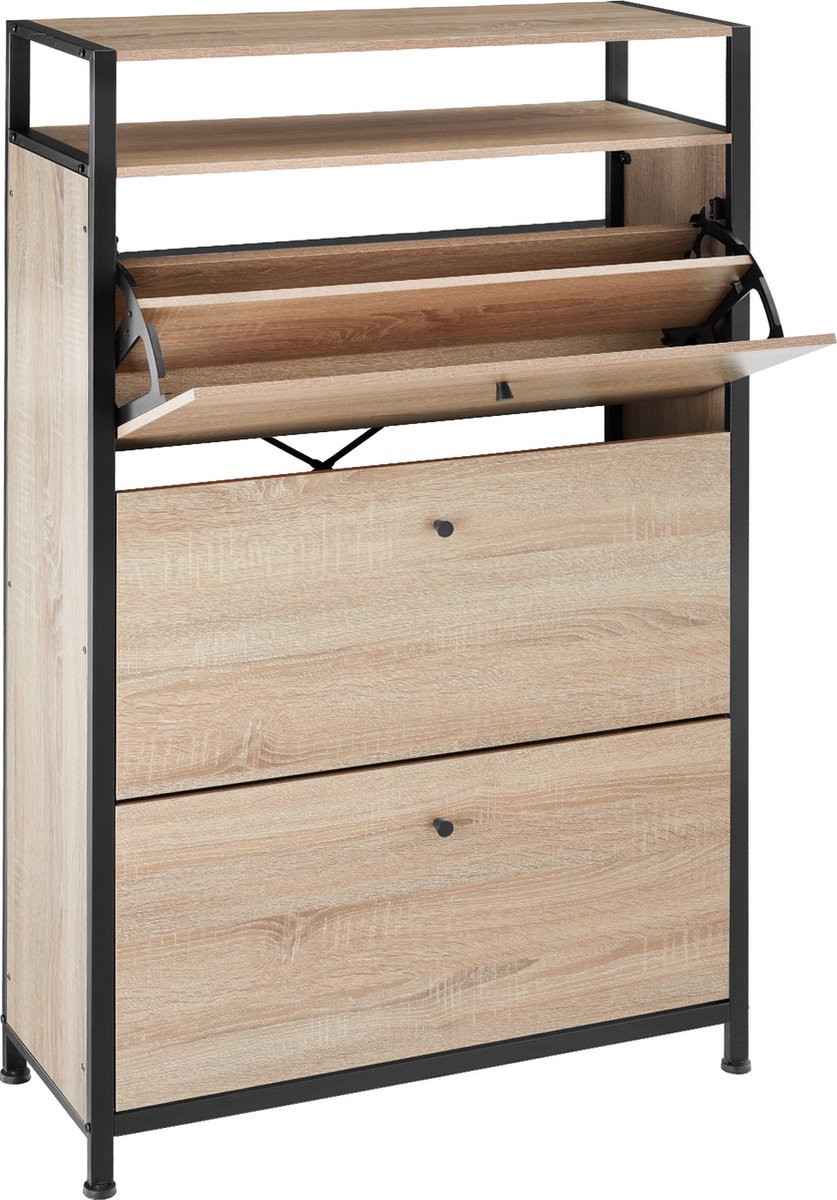 tectake® - Schoenenkast met 3 vakken - Houten schoenenrek met 3 vakken - Schoenenkantelaar met extra vak - Industrieel design - Zwart metalen frame - Afmeting (LxBxH) 81 x 30 x 130 cm - Lichtbruin (4061173210760)