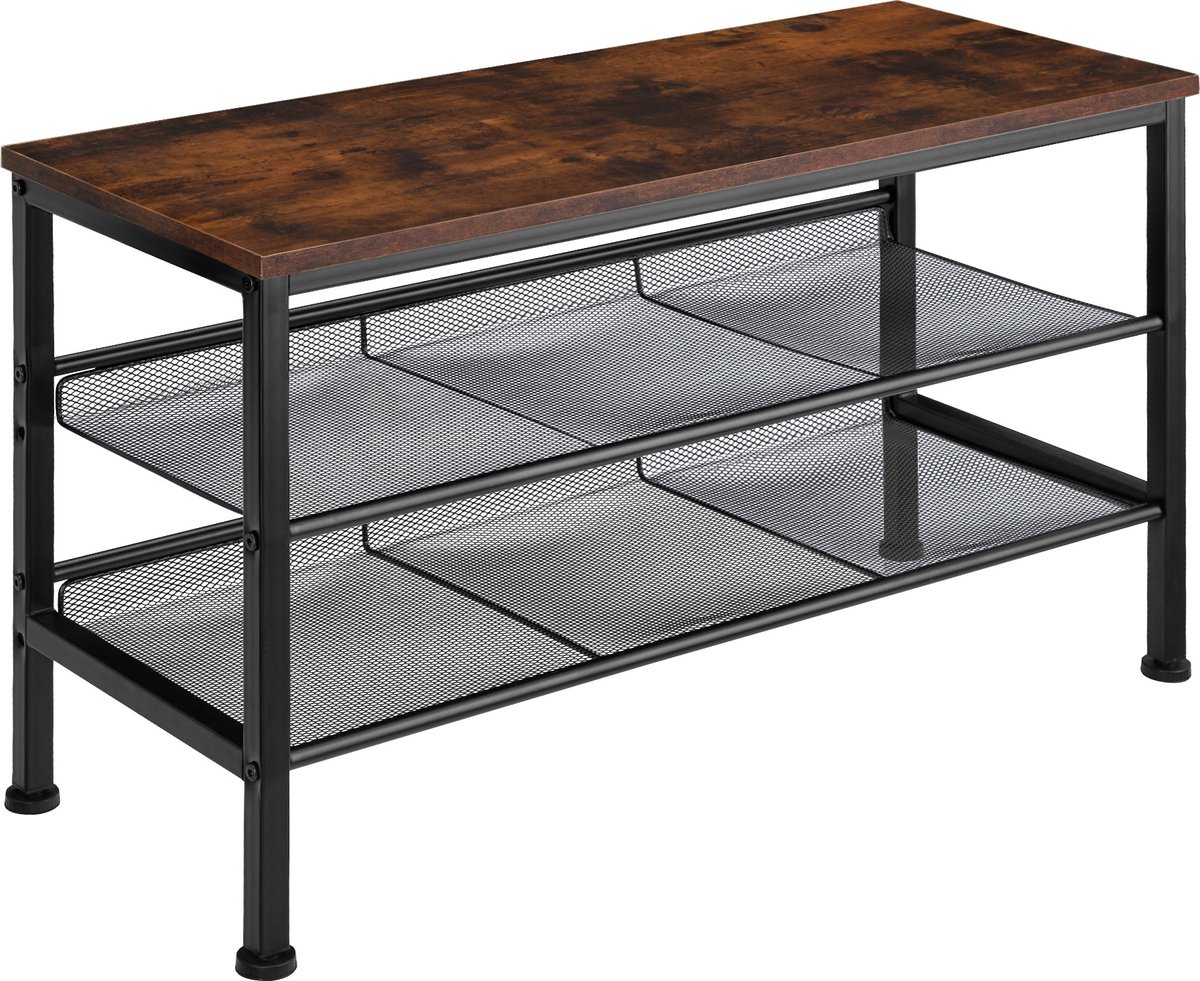 tectake® Smal schoenenrek met zitje - 3 niveaus van 1 zitje en 2 roosterplanken - Schoenenbank van hout en metaal - Industrieel design - Zwart metalen frame - Afmeting (LxBxH) 75,5 x 30,5 x 45,5 cm - Donkerbruin (4061173205988)